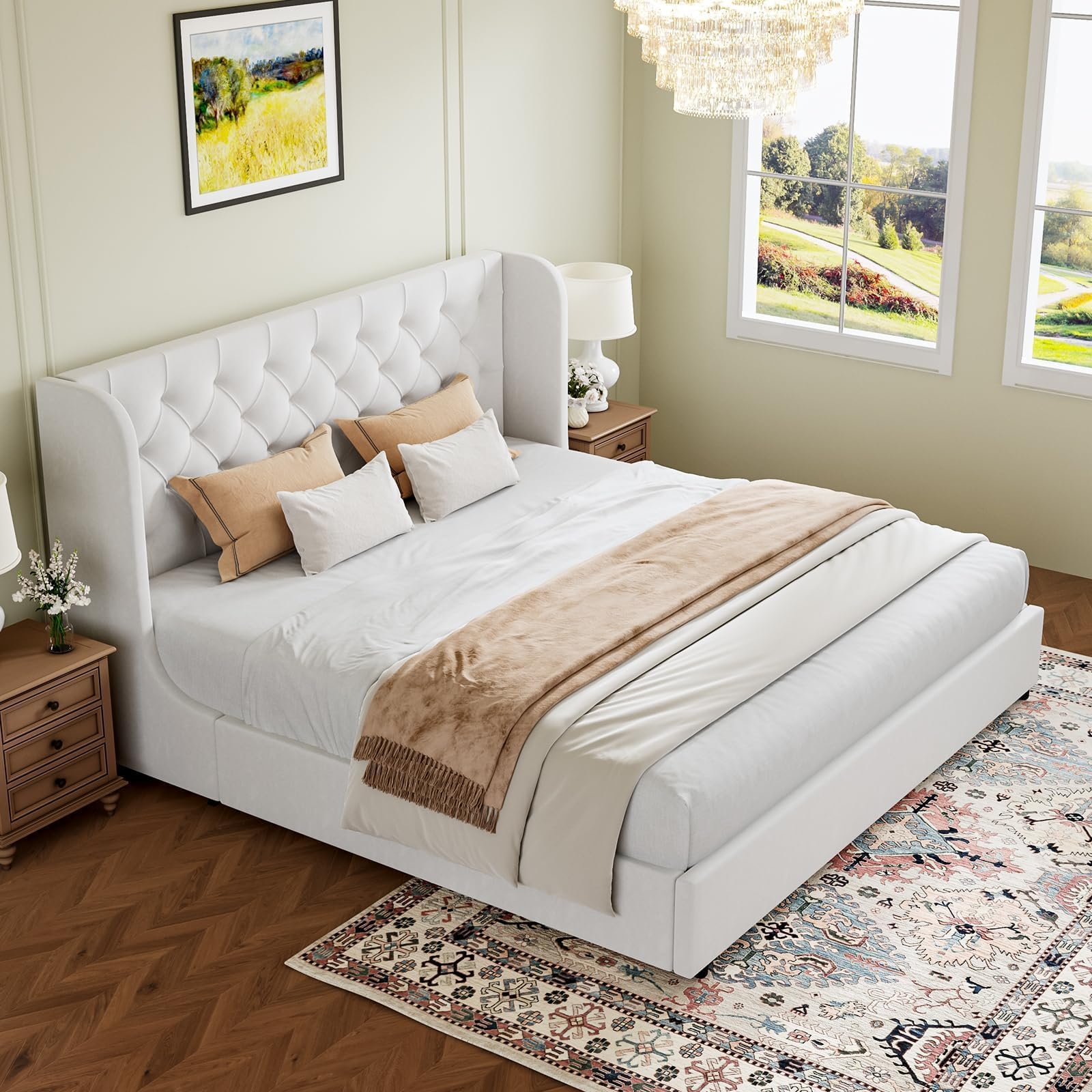 HOMBCK King Size Bed Frame and Headboard, White Velvet Upholstered Bed Frame with Wide Wingback, Tufted Design, Sturdy Wooden Sl