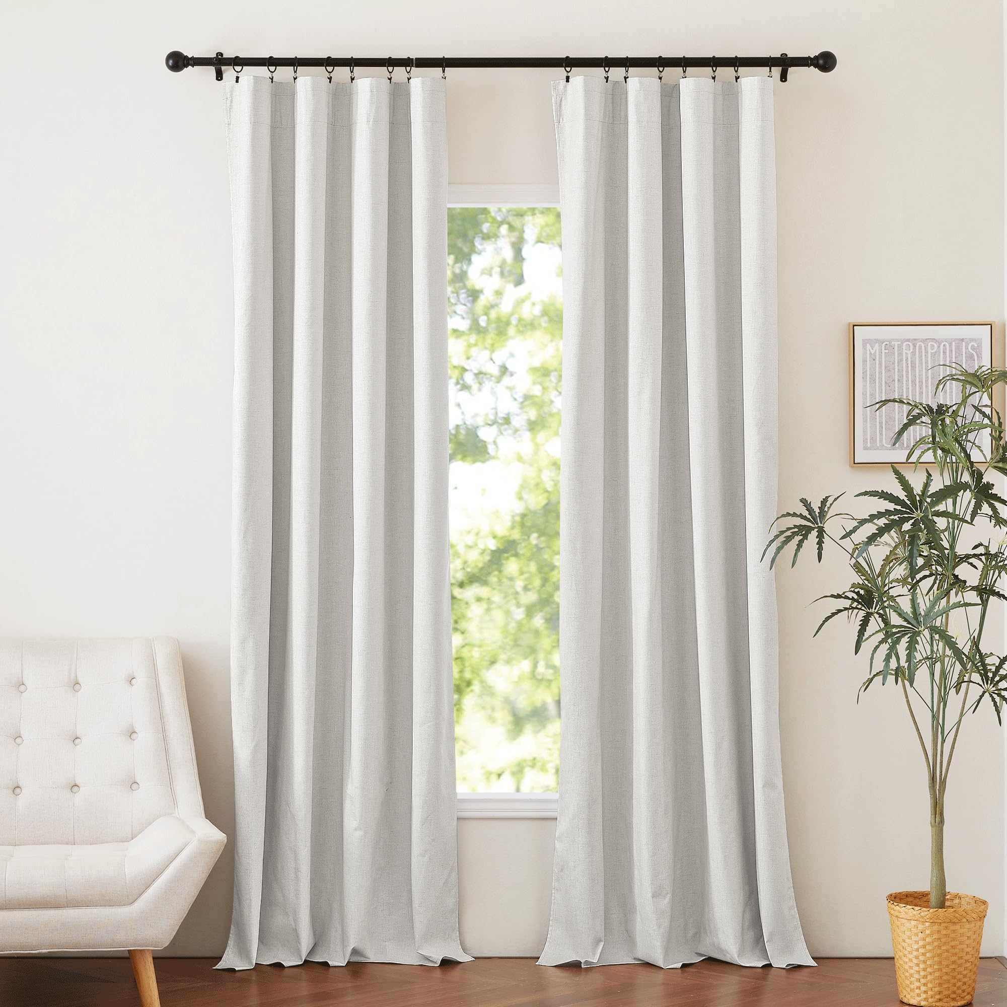 NICETOWN 100% Absolutely Blackout Linen Curtains 108 inch Length with Thermal Insulated White Liner, Off White, 52 W, 2 Pieces, 