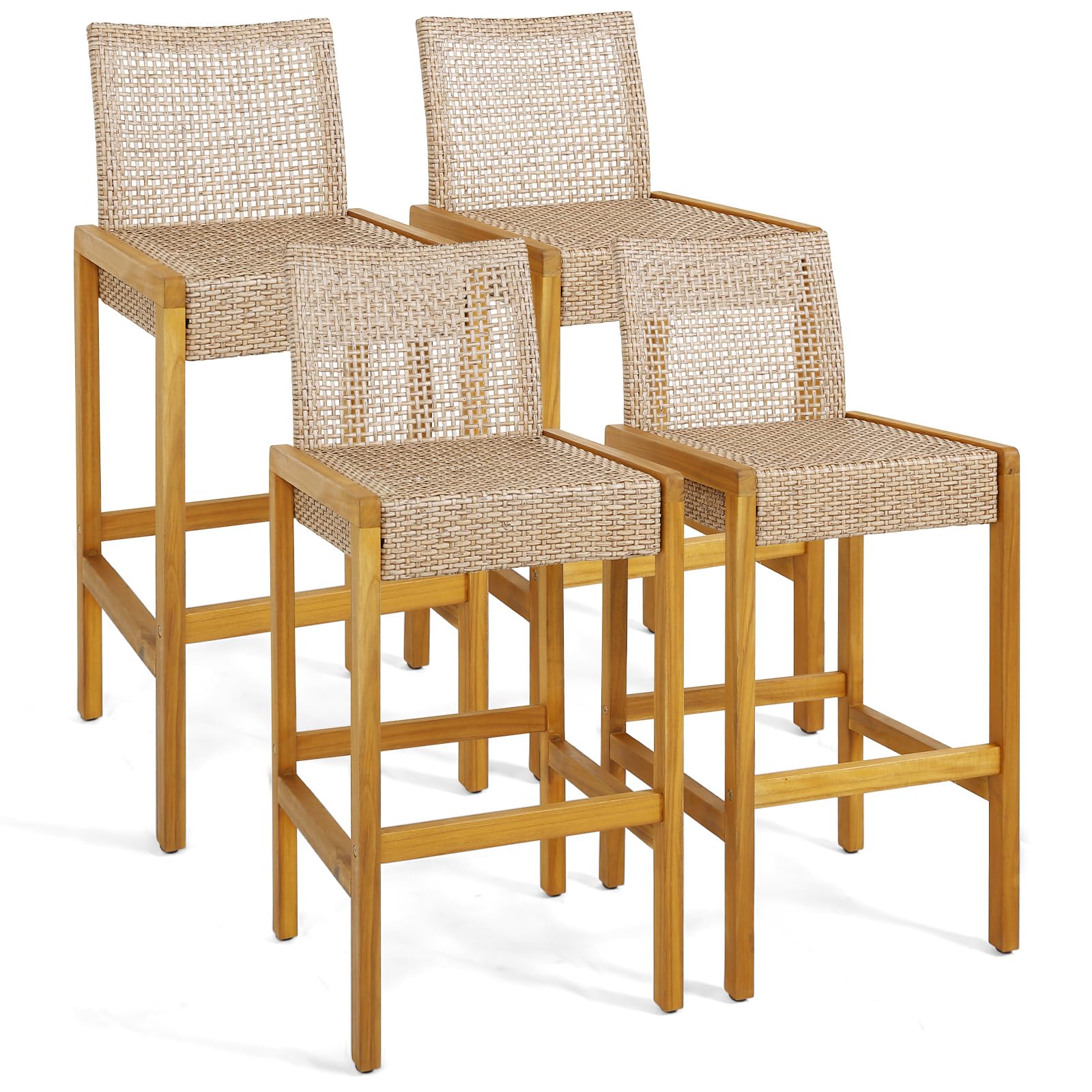 HAPPYGRILL Wicker Bar Stools Set of 4, Patio Chairs with Solid Wood Frame, Ergonomic Footrest, Indoor Outdoor Bar Height Chairs 