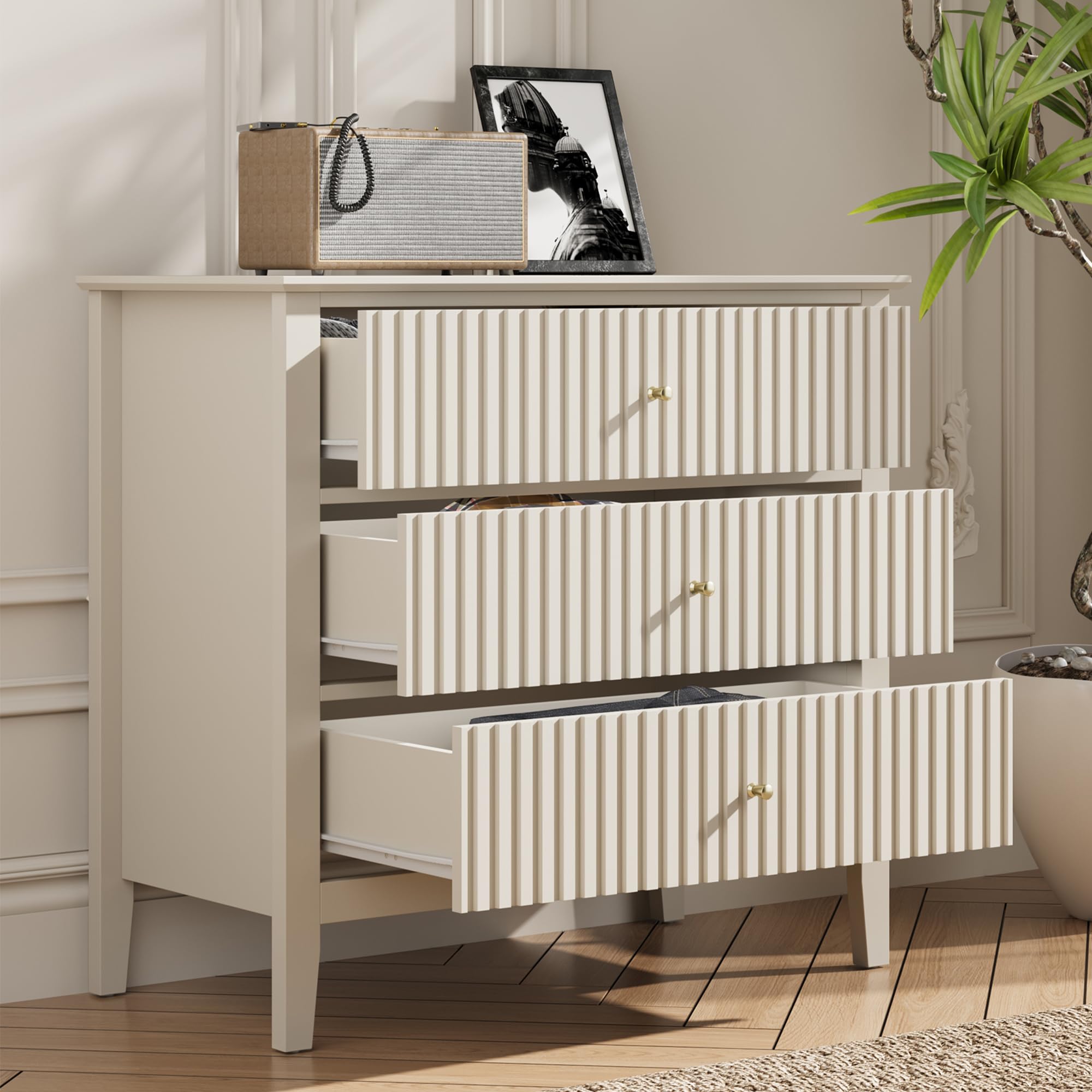 RoyalCraft Fluted 3 Drawer Dresser, Wood Dresser for Bedroom, Modern Wide Nightstand with Spacious Storage for Bedroom, Living R