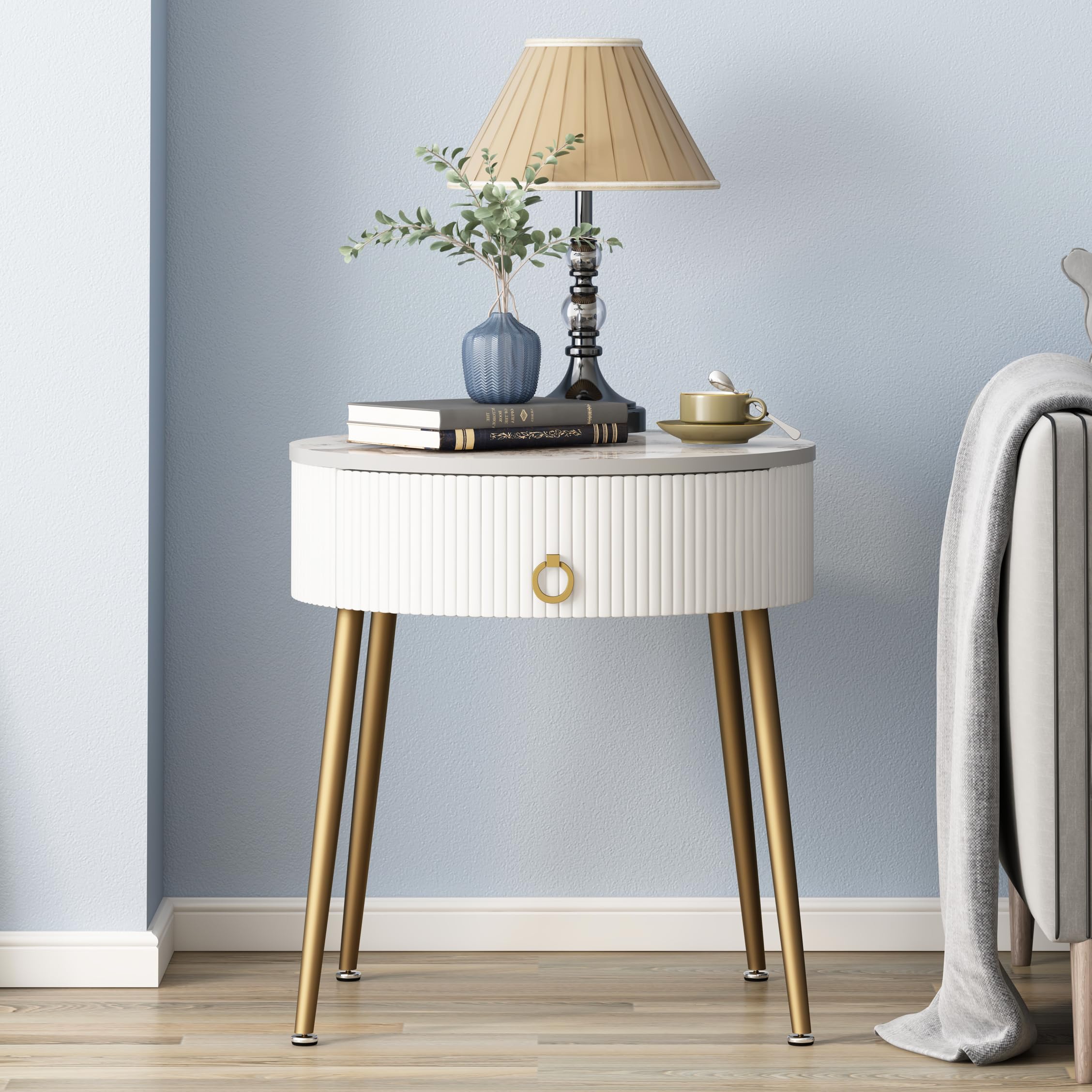 OIOG Round Nightstand with Drawer, Modern Side Table with Marbling Natural Stone Tabletop and Metal Legs, Small End Table with S