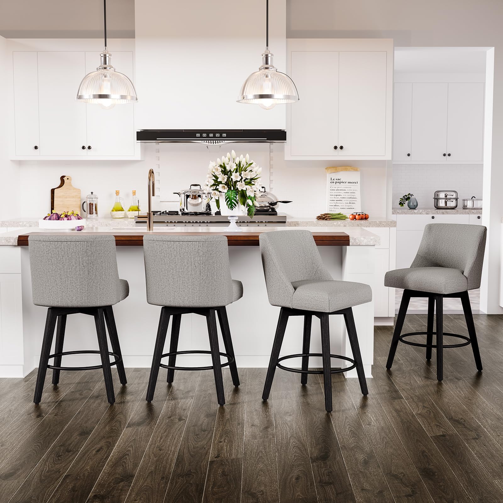 AMICLIBER Counter Height Swivel Bar Stools Set of 4, 26 Inch Bar Stools with Footrest, Linen Fabric Upholstered Barstools with B