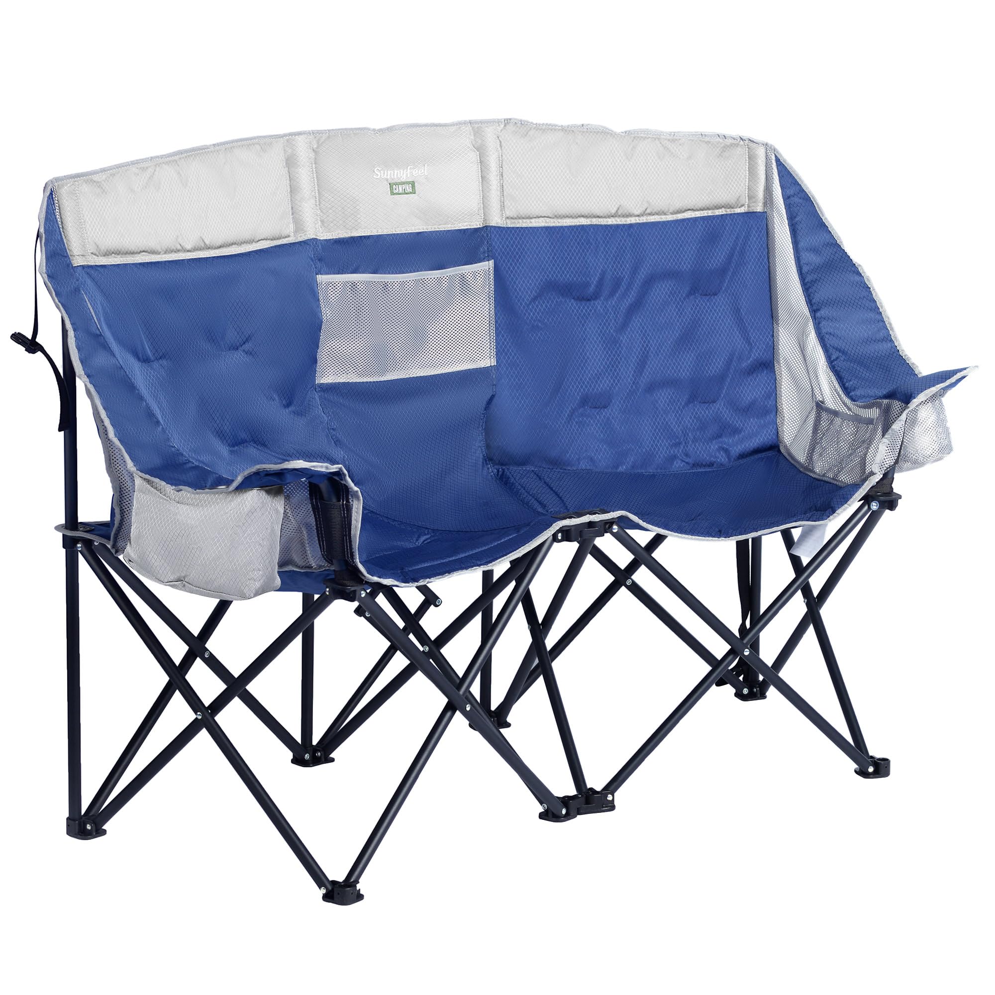 SunnyFeel Double Camping Loveseat Chair, Blue-Cooler, Foldable, Portable, Space Saving, Side Pocket, Cup Holders