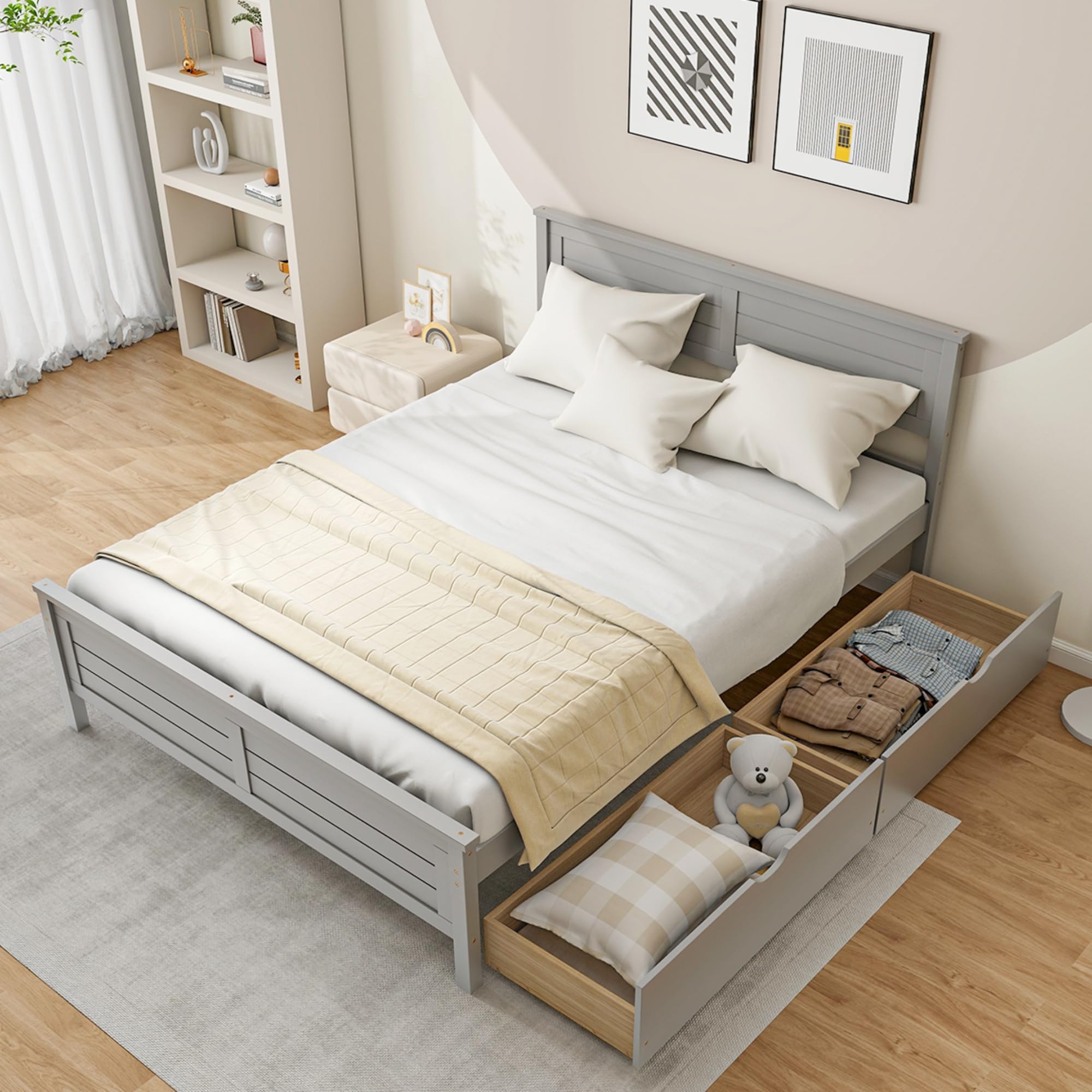 KOMFOTT Full Size Wood Bed Frame with 2 Storage Drawers, Mid Century Platform Bed Frame with Headboard, Sturdy Wooden Slats Supp