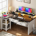 EnHomee 55  L Shaped Farmhouse Office Desk with Drawers, Sturdy & Durable Computer Desk with Power Outlets & LED Lights, Home Of