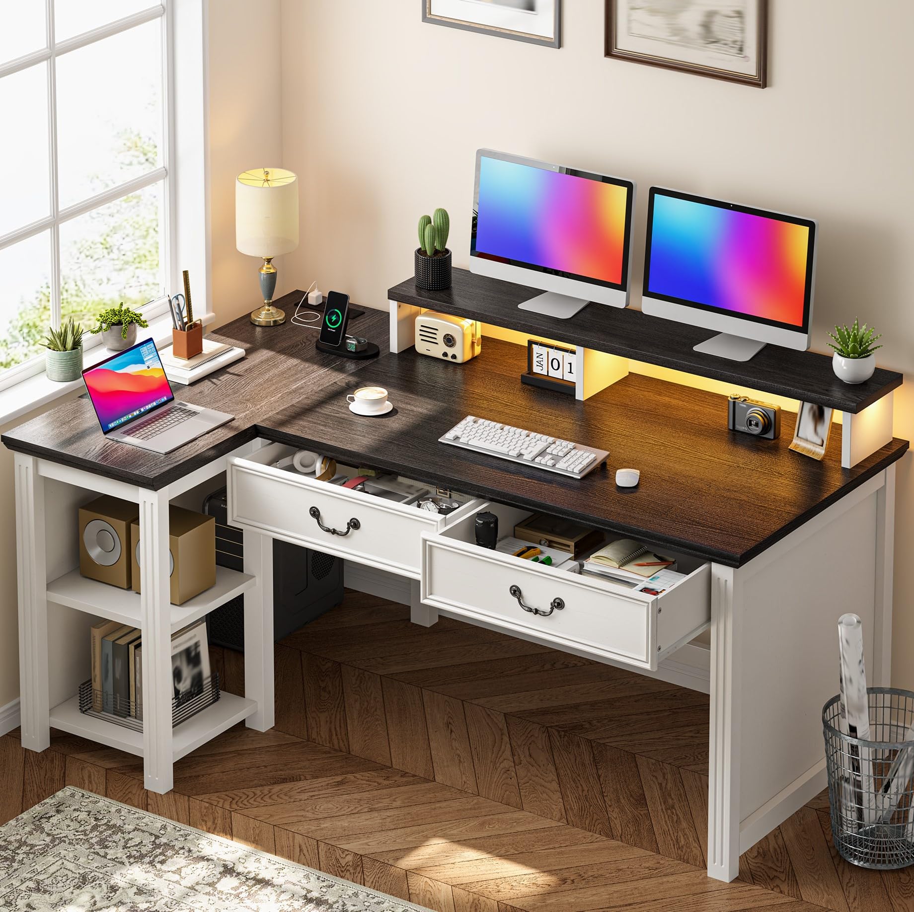 EnHomee 55  L Shaped Farmhouse Office Desk with Drawers, Sturdy & Durable Computer Desk with Power Outlets & LED Lights, Home Of