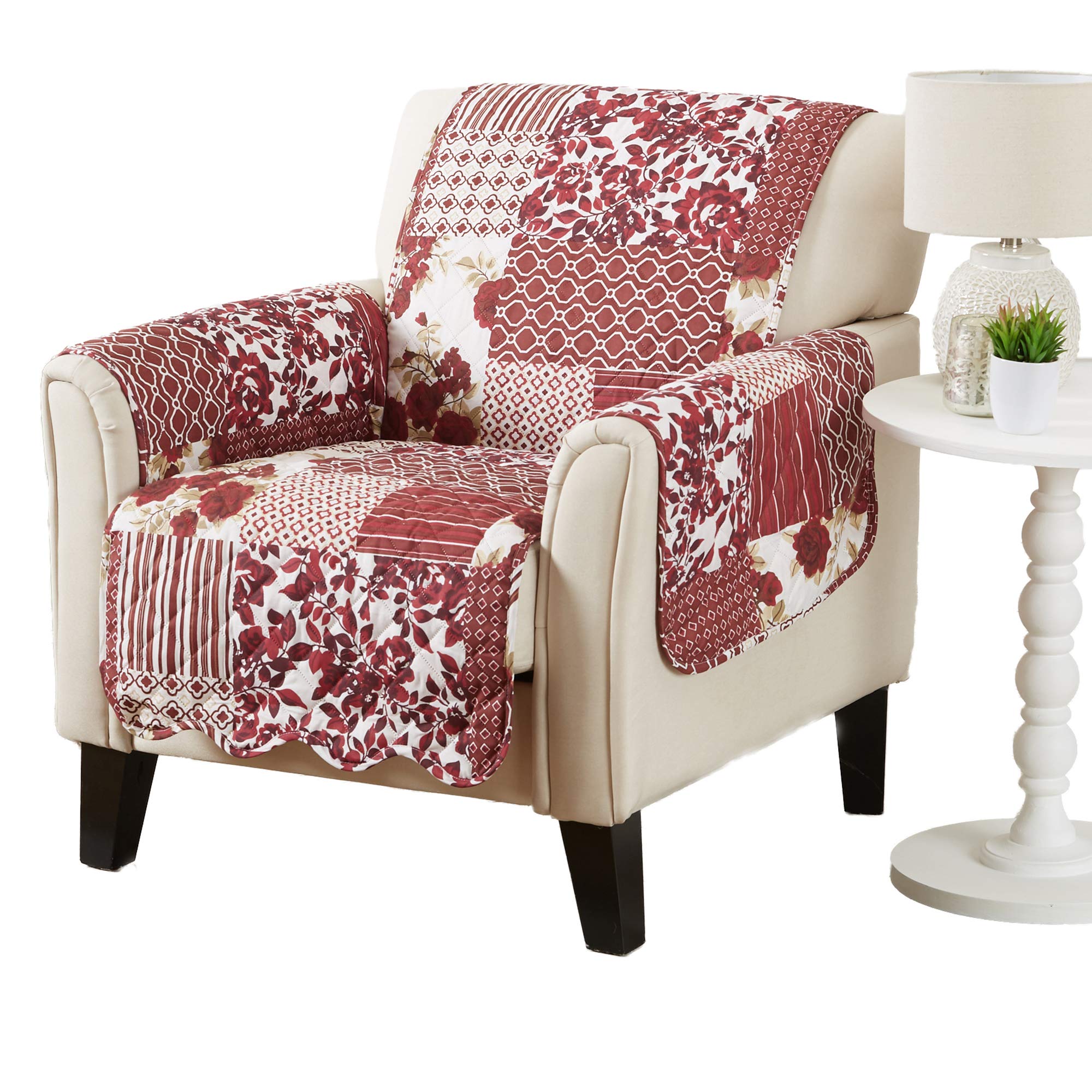 Great Bay Home Patchwork Scalloped Printed Furniture Protector Stain Resistant Chair Cover (Chair, Burgundy)
