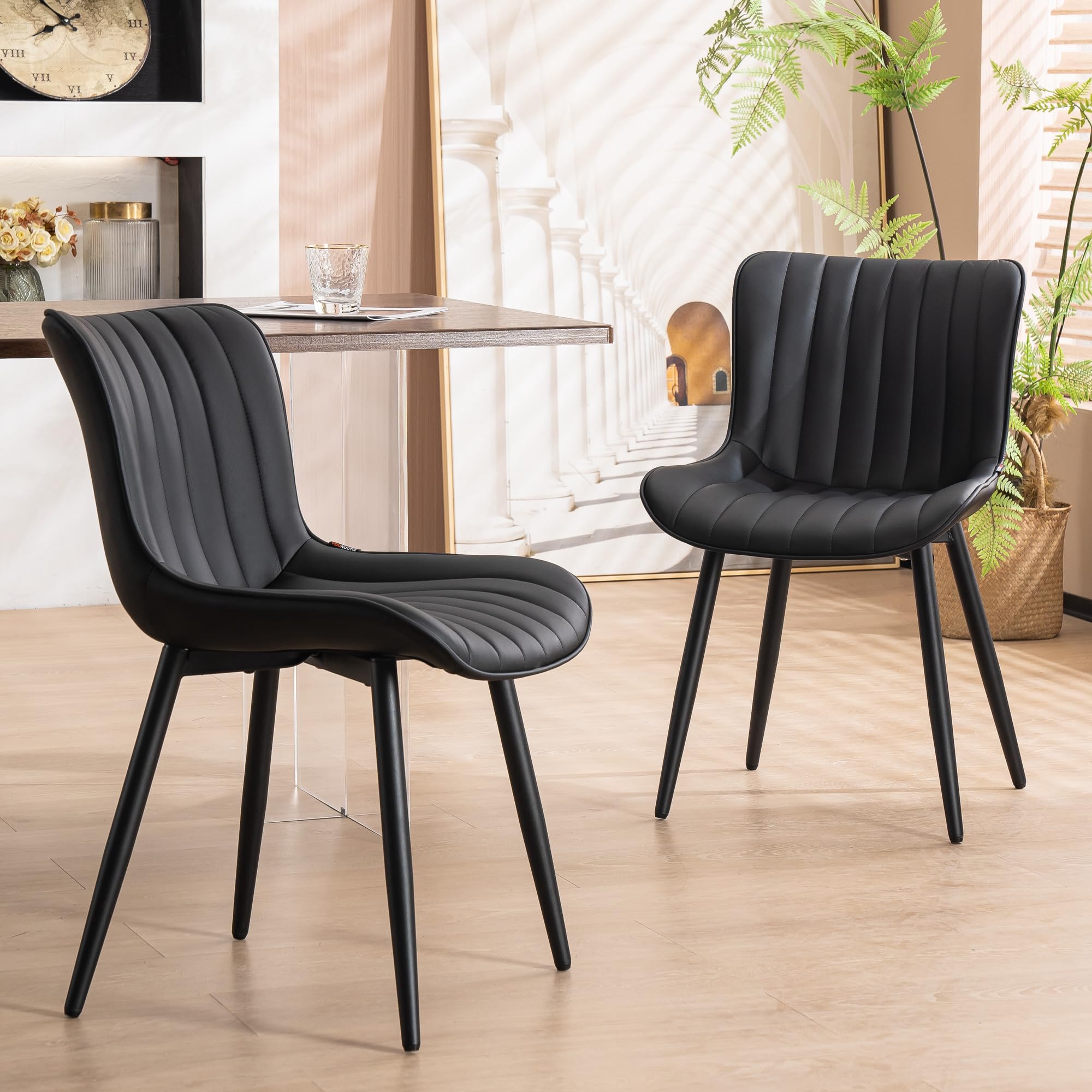 YOUNUOKE Black Dining Chairs Set of 2 Upholstered Mid Century Modern Kitchen Chair Armless Faux Leather Accent Dinning Side Chai
