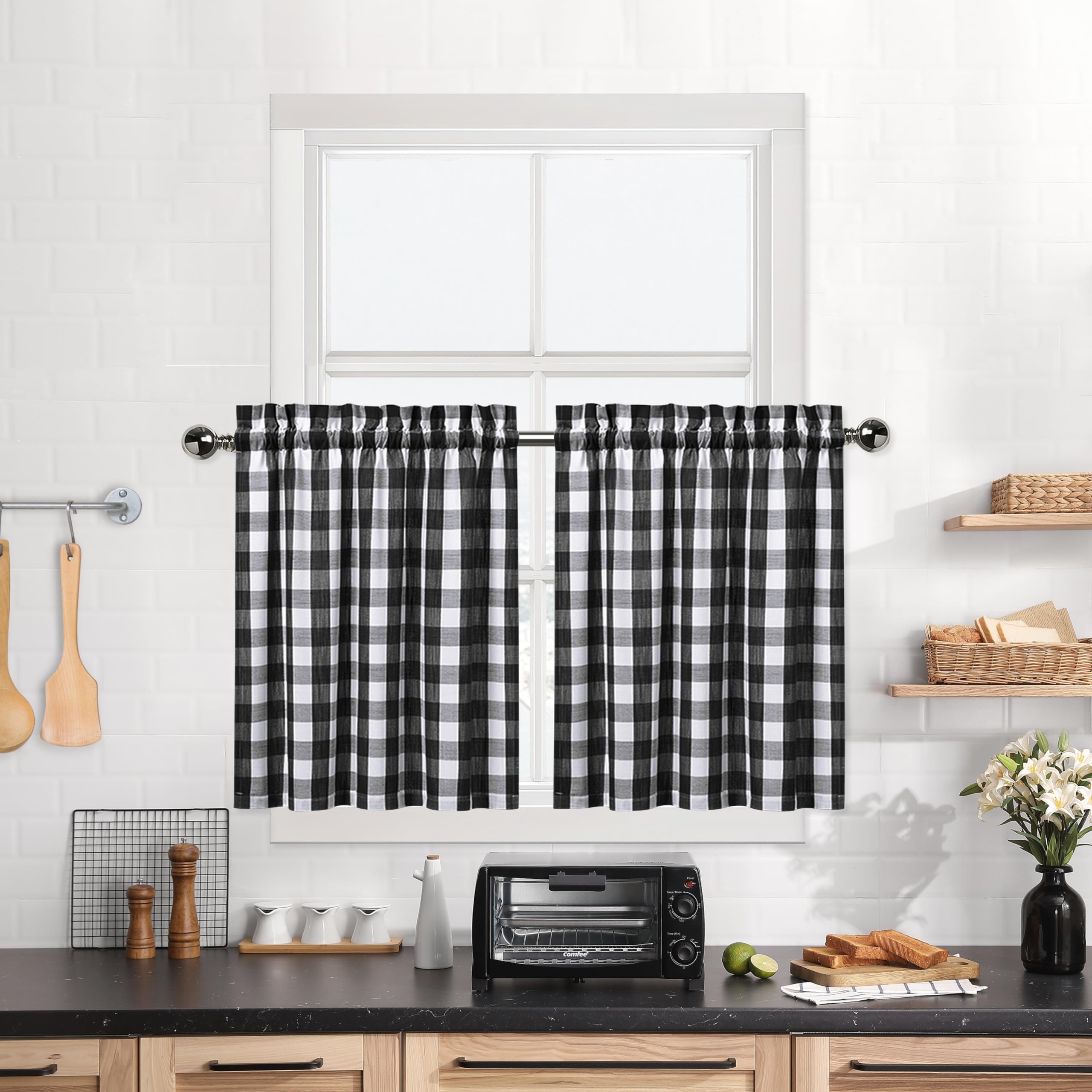 Buffalo Plaid Gingham Half Window Cafe Tier Curtains, Farmhouse Check Tiers Curtain for Kitchen Bathroom Living Room Window, 28 