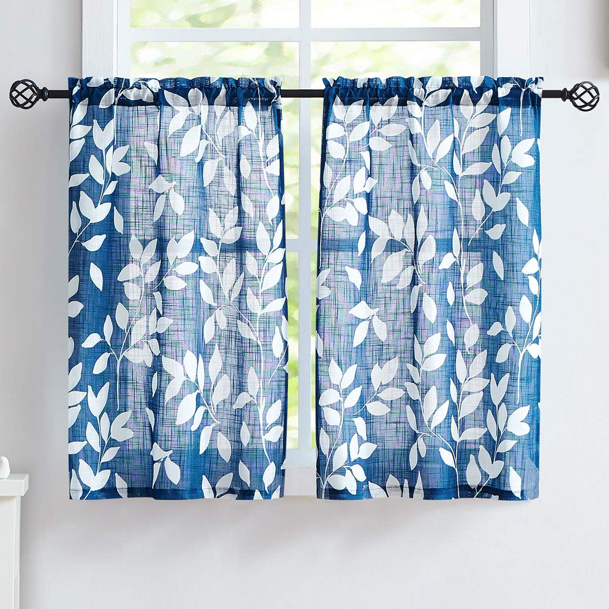 Leaf Kitchen Window Curtains for Bathroom Bassement Navy Blue and White Caf   Curtain Panels Half Window Curtains 36inches 2 Pan