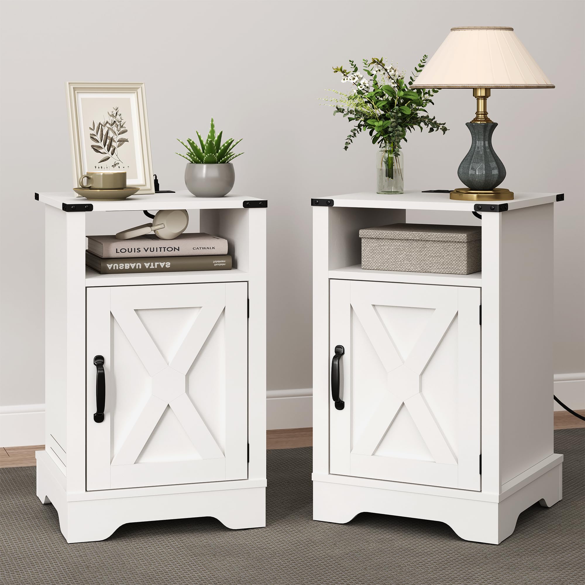 RoyalCraft Nightstand Set of 2, White End Table with Charging Station, Tall Farmhouse Bedside Table with Large Storage and Shelf