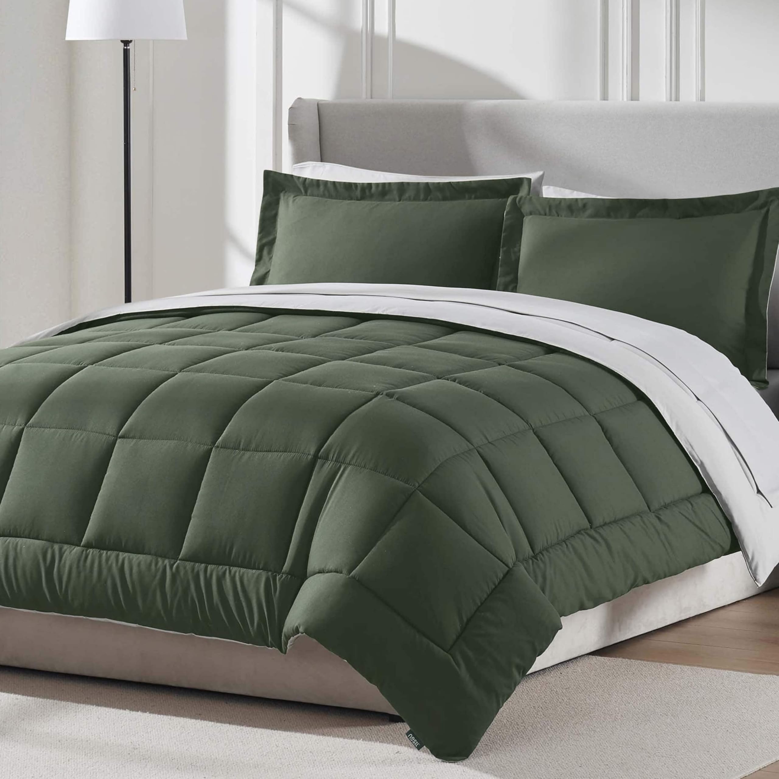 Nestl 7 Piece Full Comforter Set - Olive Green Reversible Bed in a Bag - Complete Full Size Bedding Set with Sheets, Pillowcases