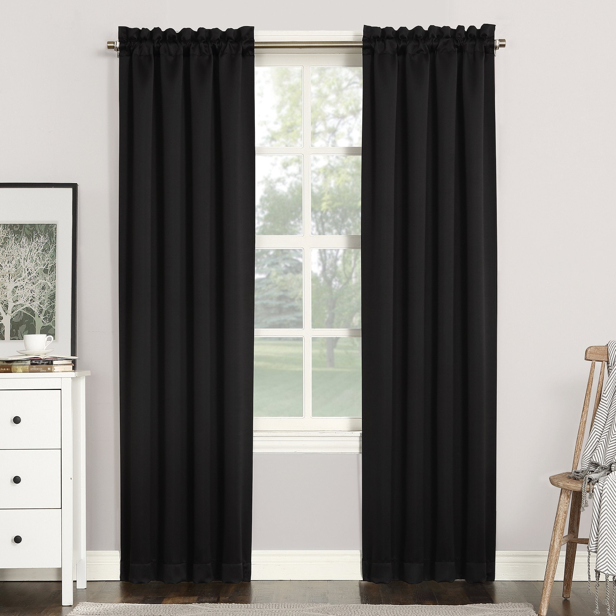 Sun Zero Easton Energy Saving Blackout Rod Pocket Curtain Panel, 40 x 63, Black
