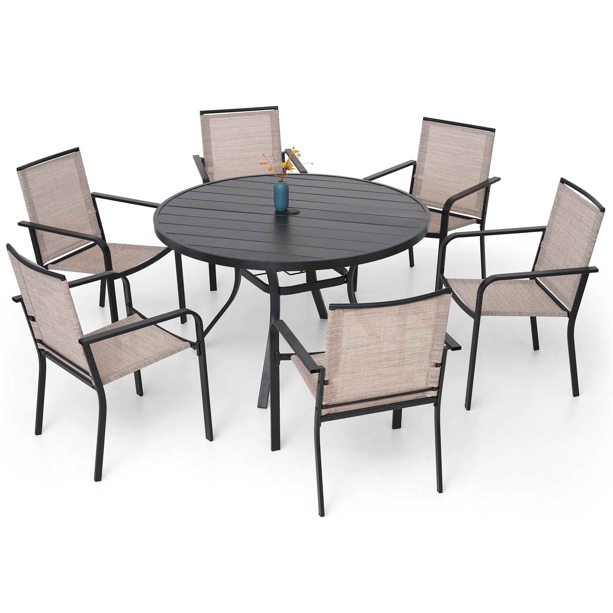 Anmutig 7-Piece Outdoor Dining Set, 48   Round Table with 6 Stackable Chairs All Weather Furniture Set - Beige Grey