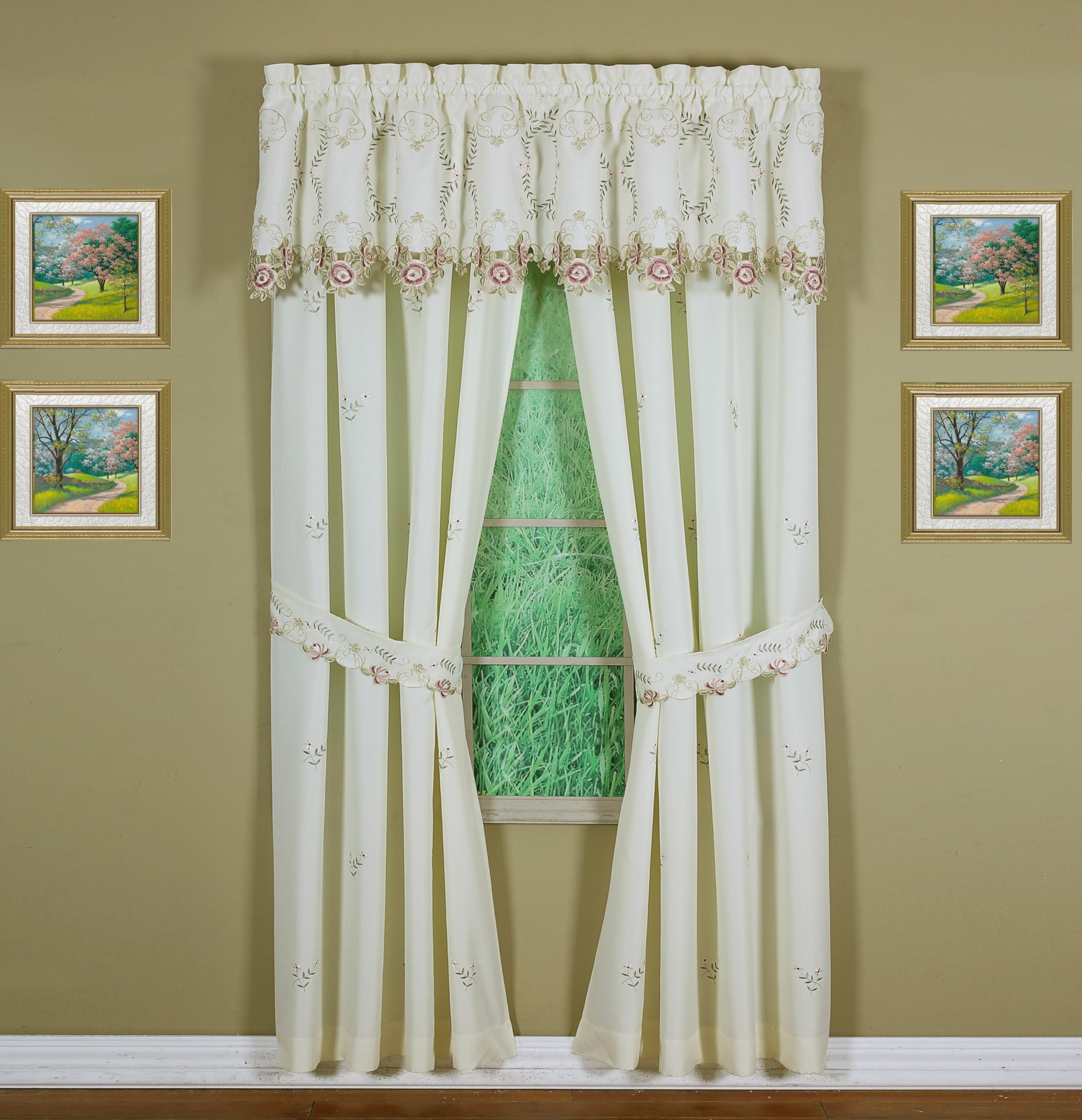 Todays Curtain Verona Reverse Embroidery Panel Pair and Tiebacks, 84, Ecru/Rose
