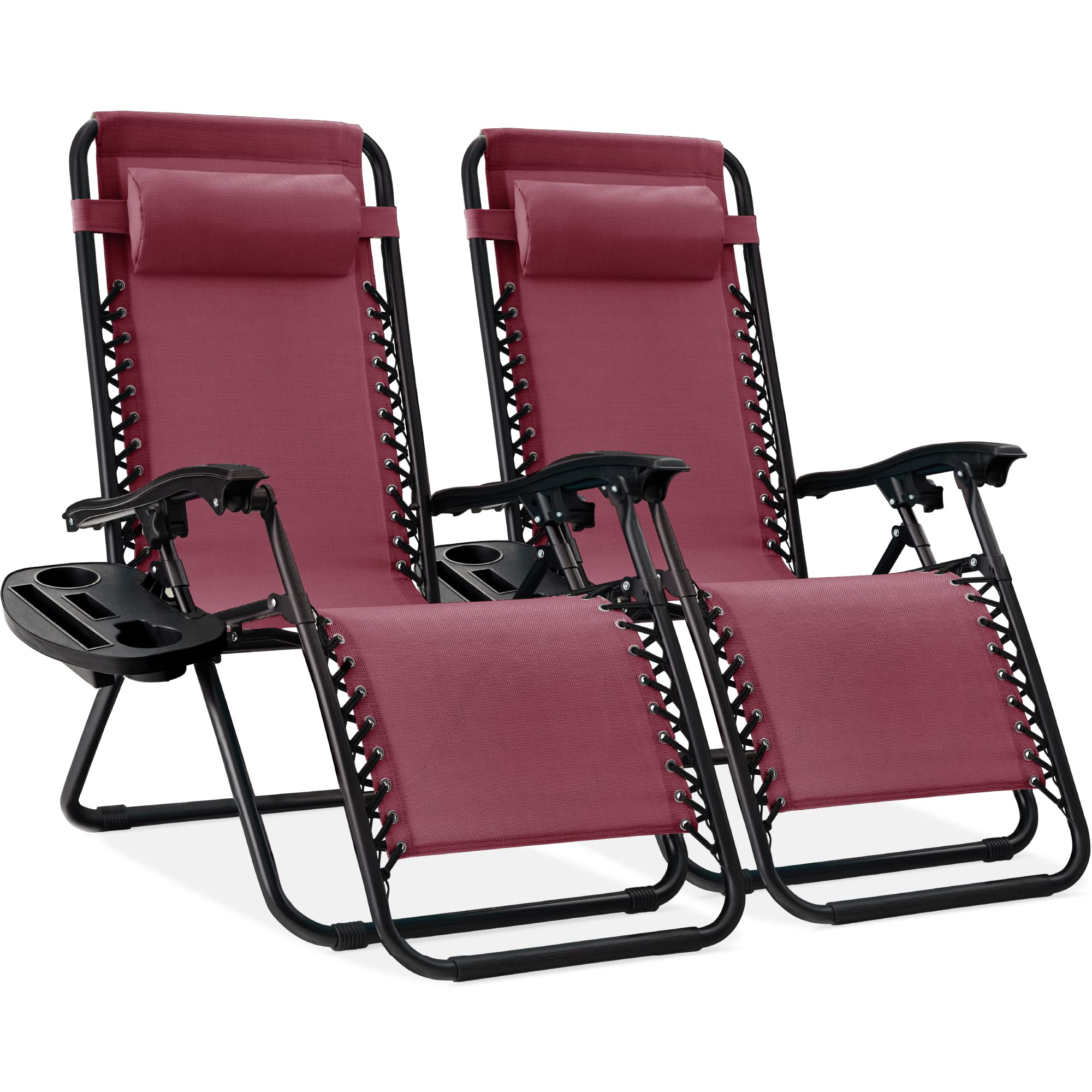 Best Choice Products Set of 2 Adjustable Steel Mesh Zero Gravity Lounge Chair Recliners w/Pillows and Cup Holder Trays - Burgund