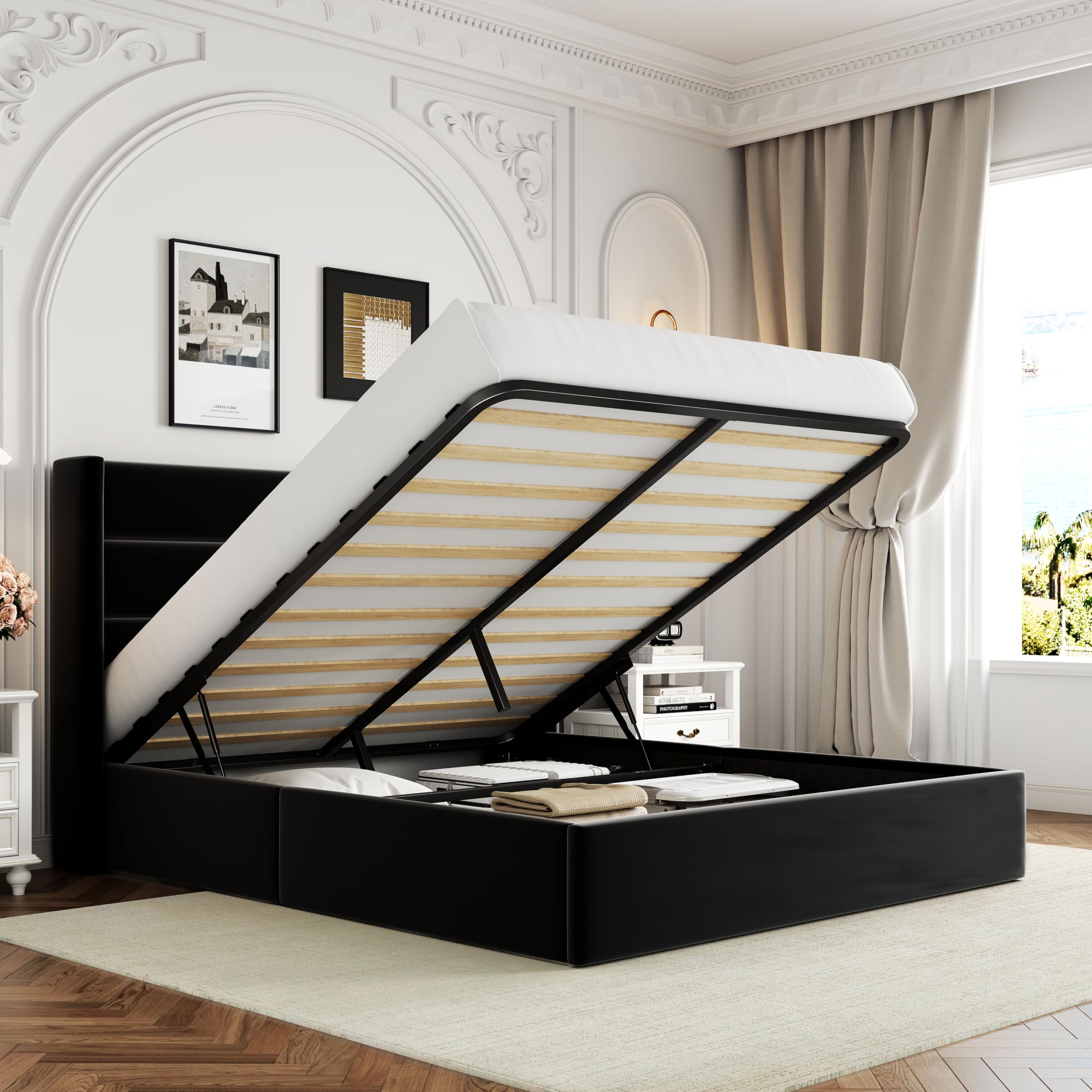 Allewie Queen Size Velvet Lift Up Storage Bed, Modern Wingback Headboard, Hydraulic Storage, No Box Spring Needed, Black