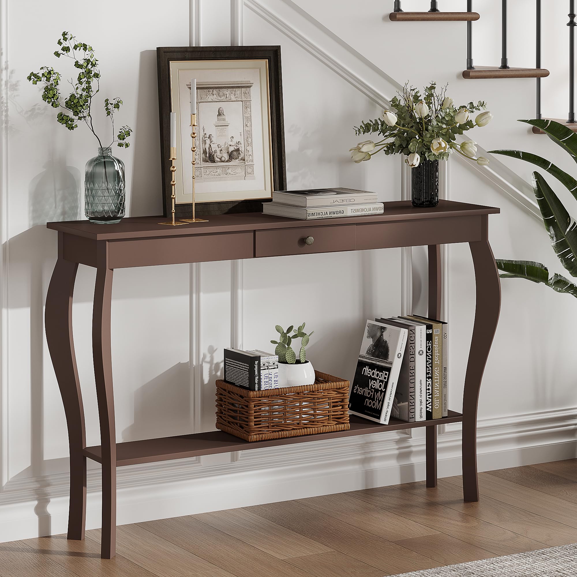 ChooChoo 47 Inch Narrow Console Table with Drawer, Chic Accent Sofa Entryway Table with Shelves for Entryway, Living Room, Hallw