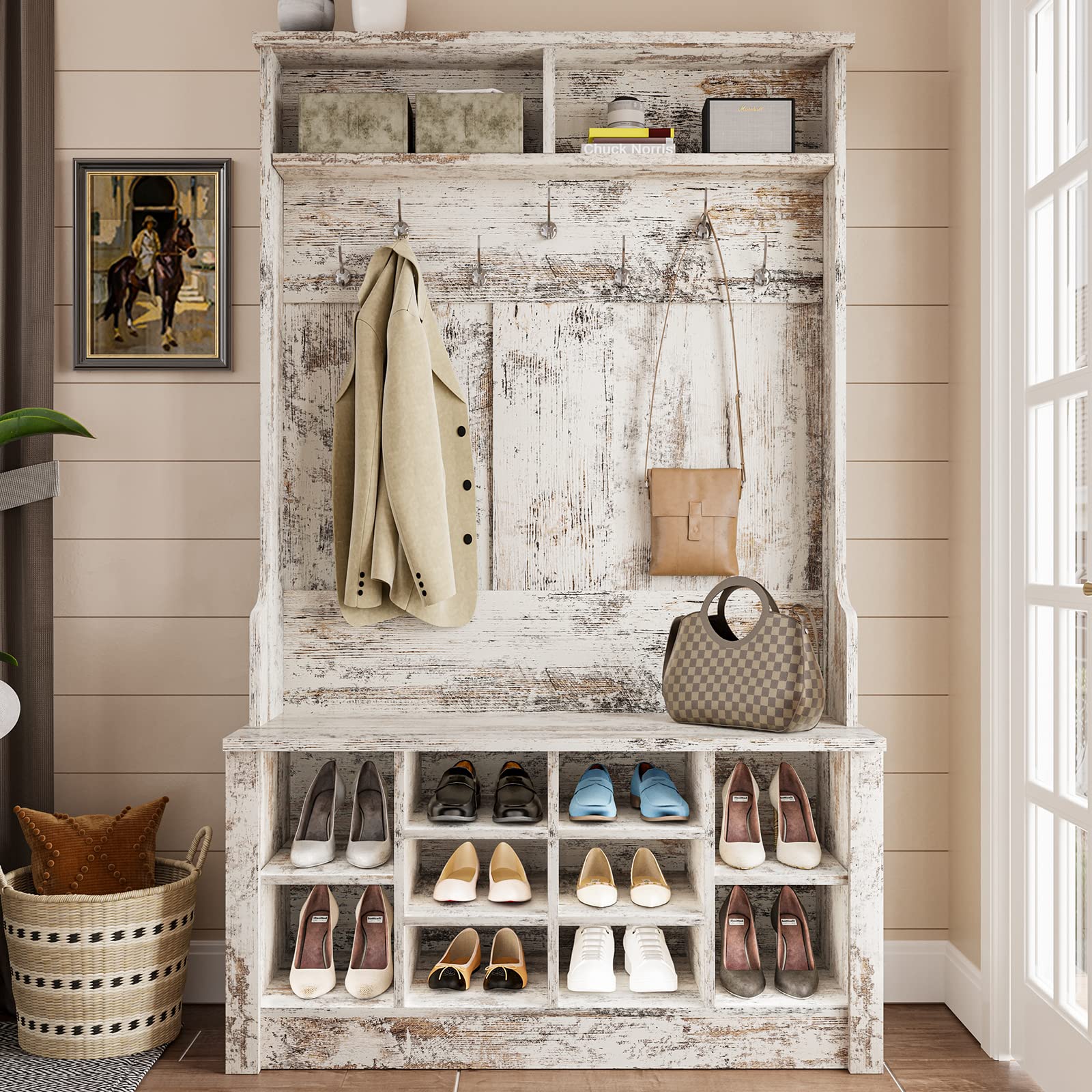 Itaar Hall Tree, Storage Bench, Shoe Rack for Entryway, Hall Tree with Bench and Adjustable Shoe Storage, Vintage White