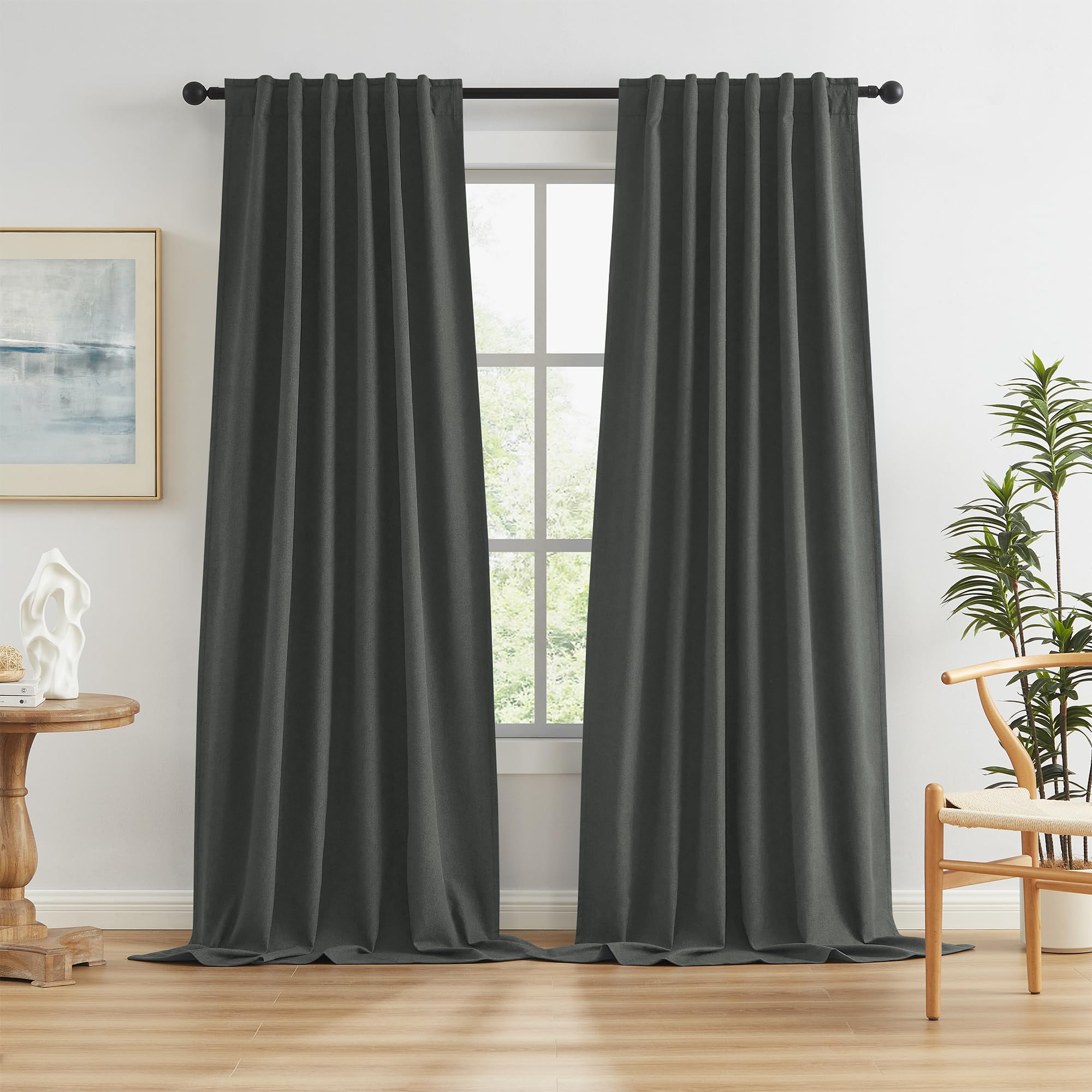 KEQIAOSUOCAI Full Blackout Linen Curtain Panels 126 Inches Long, Gray Hallway Door Textured Boho Tall Curtains & Drapes 2 Panels