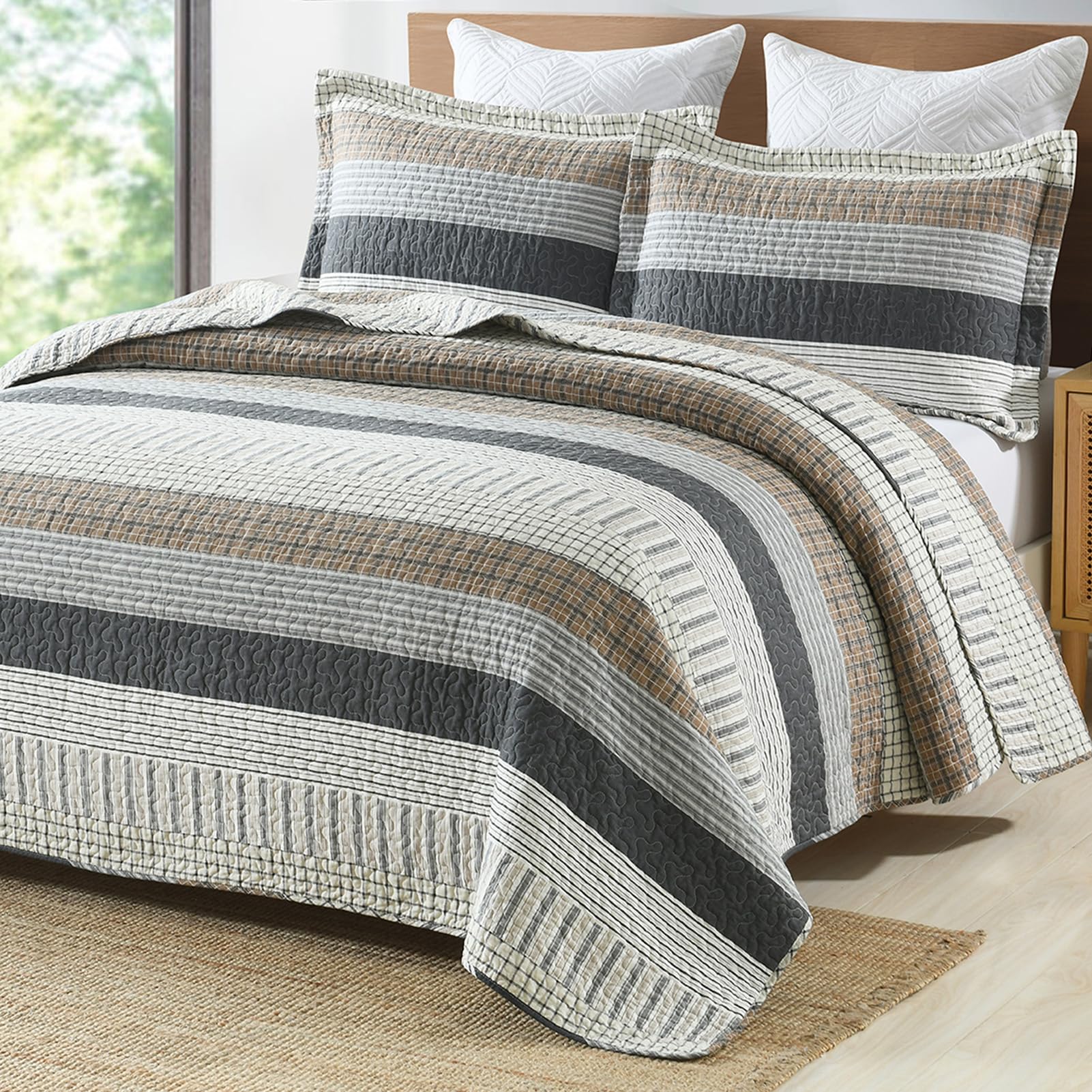 PANGUSHAN 100% Cotton Quilt Set Queen Size, Patchwork Queen Quilt Bedding Set Bedspreads, Farmhouse Lightweight Comforter Revers