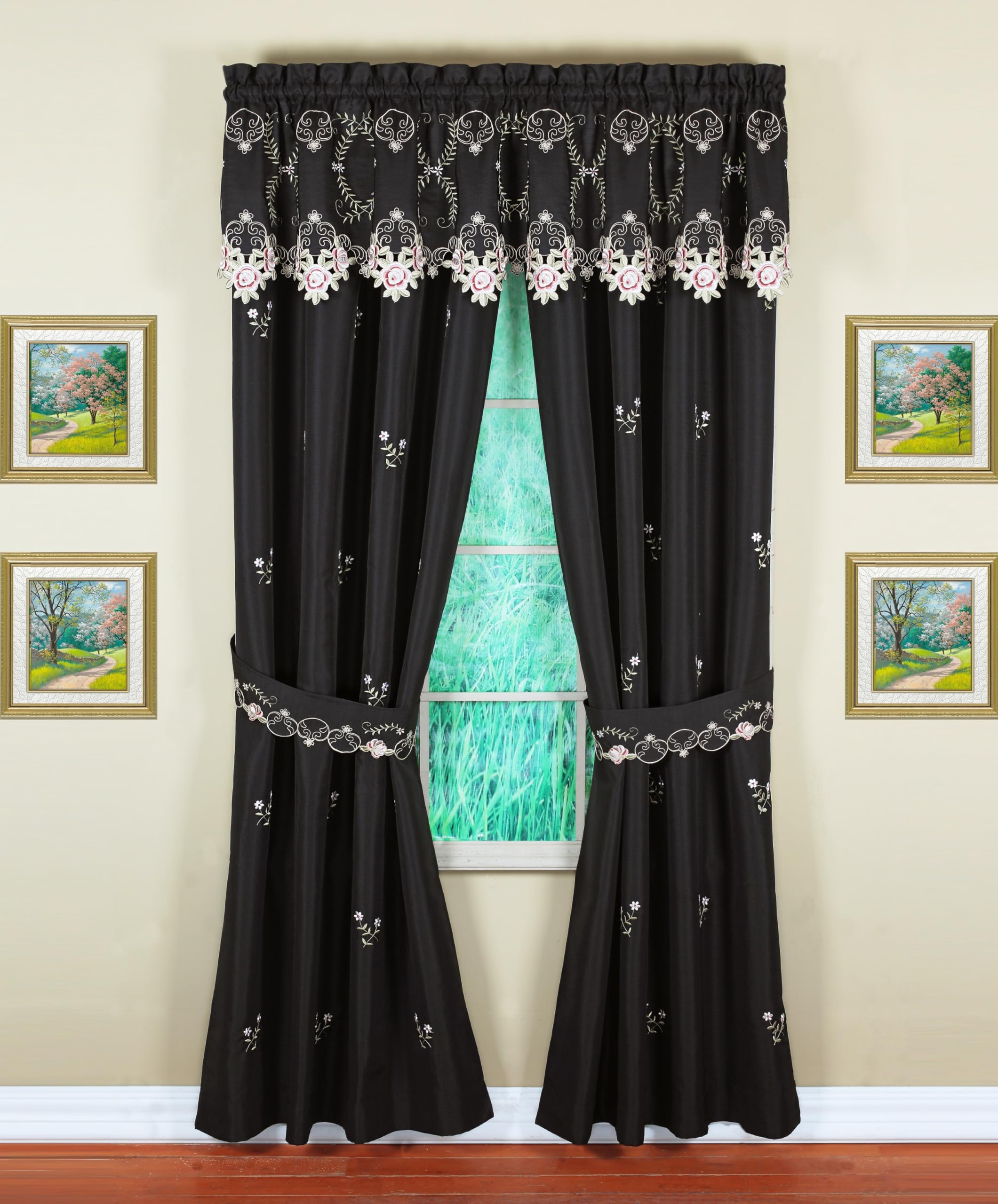 Todays Curtain Verona Reverse Embroidery Panel Pair and Tiebacks, 84, Black/Rose, 80 W X 84 L