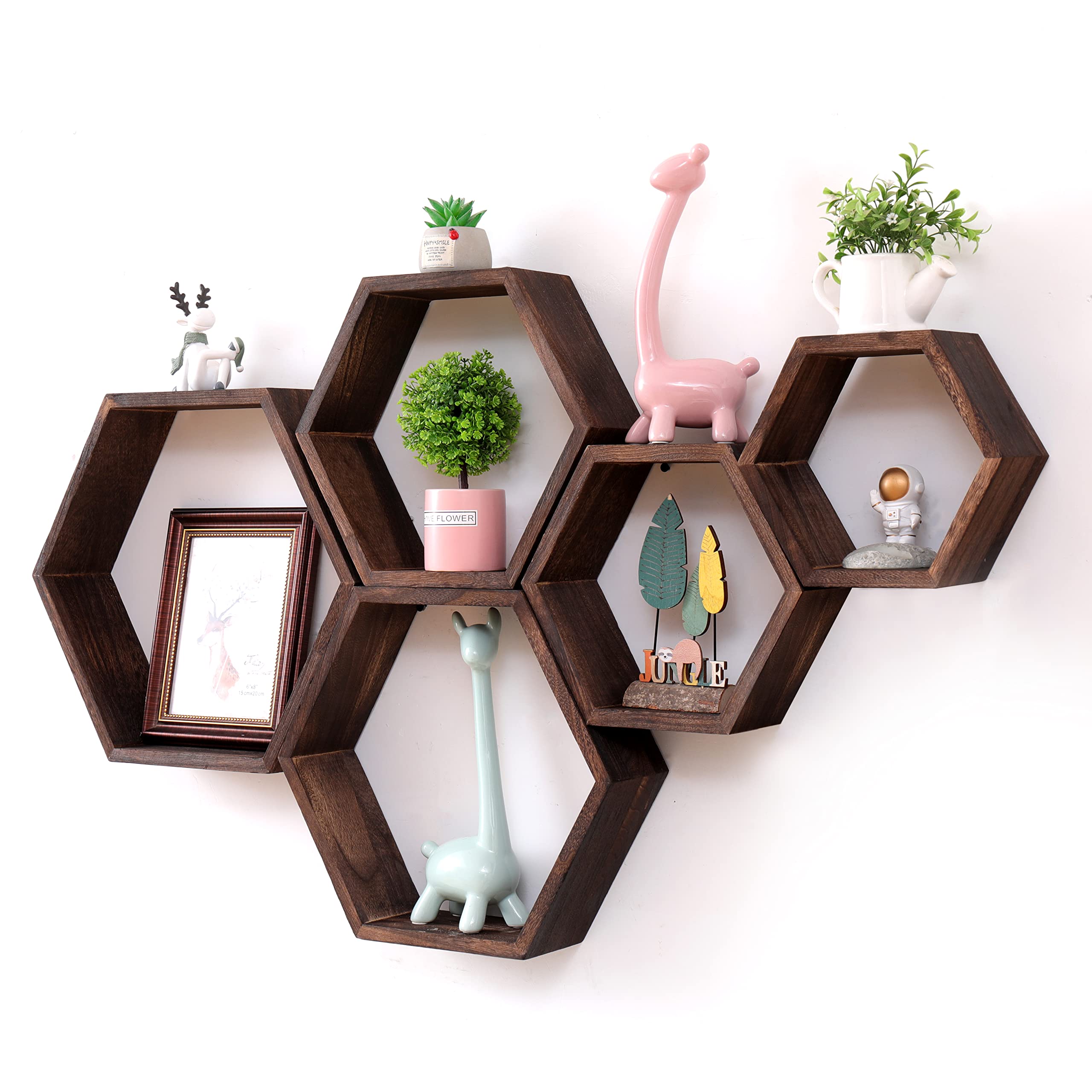 WONFUlity Hexagon Floating Shelves Set of 5, Honeycomb Shelves Wall Mounted Wood Farmhouse Storage Wall Shelf for Bathroom, Kitc