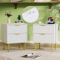 HQZX White Nightstand Set of 2 with Charging Station, Fluted Nightstand with Drawers, Modern Bedside Table with Gold Legs, End T