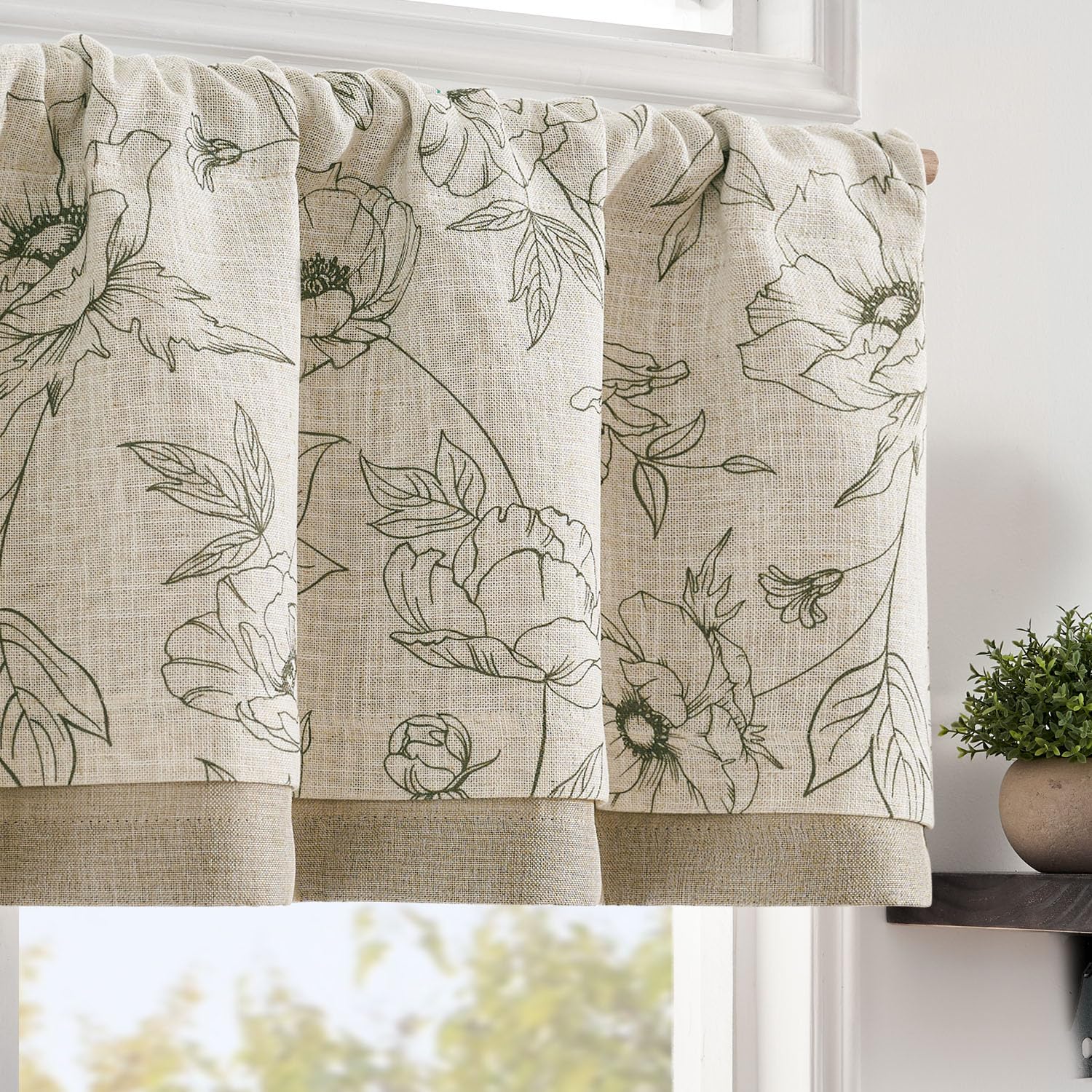 jinchan Linen Floral Valance Curtain for Kitchen Green Flower on Beige for Windows Room Darkening Farmhouse Valance Double Layer