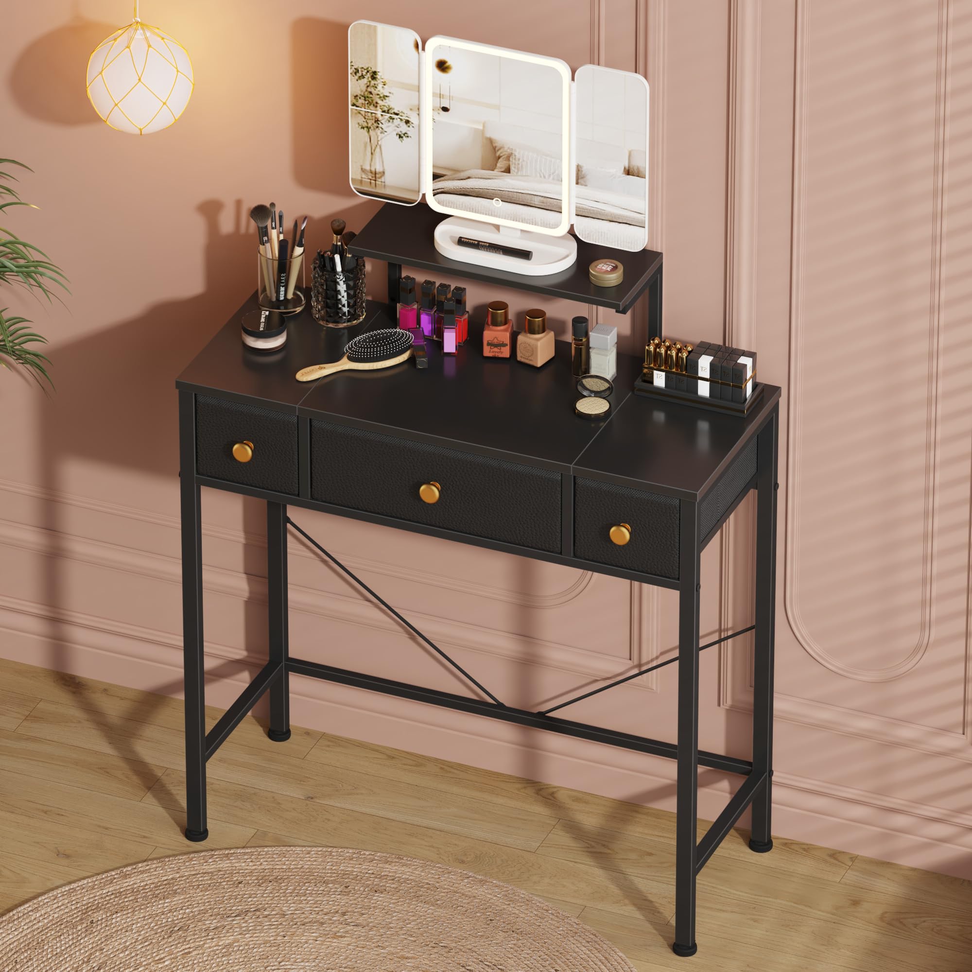 HIGDBFE Small Makeup Vanity Desk 27.5W with Mirror and Lights, Vanity Desk with 3 Fabric Drawers and Height-Adjustable Stand, 