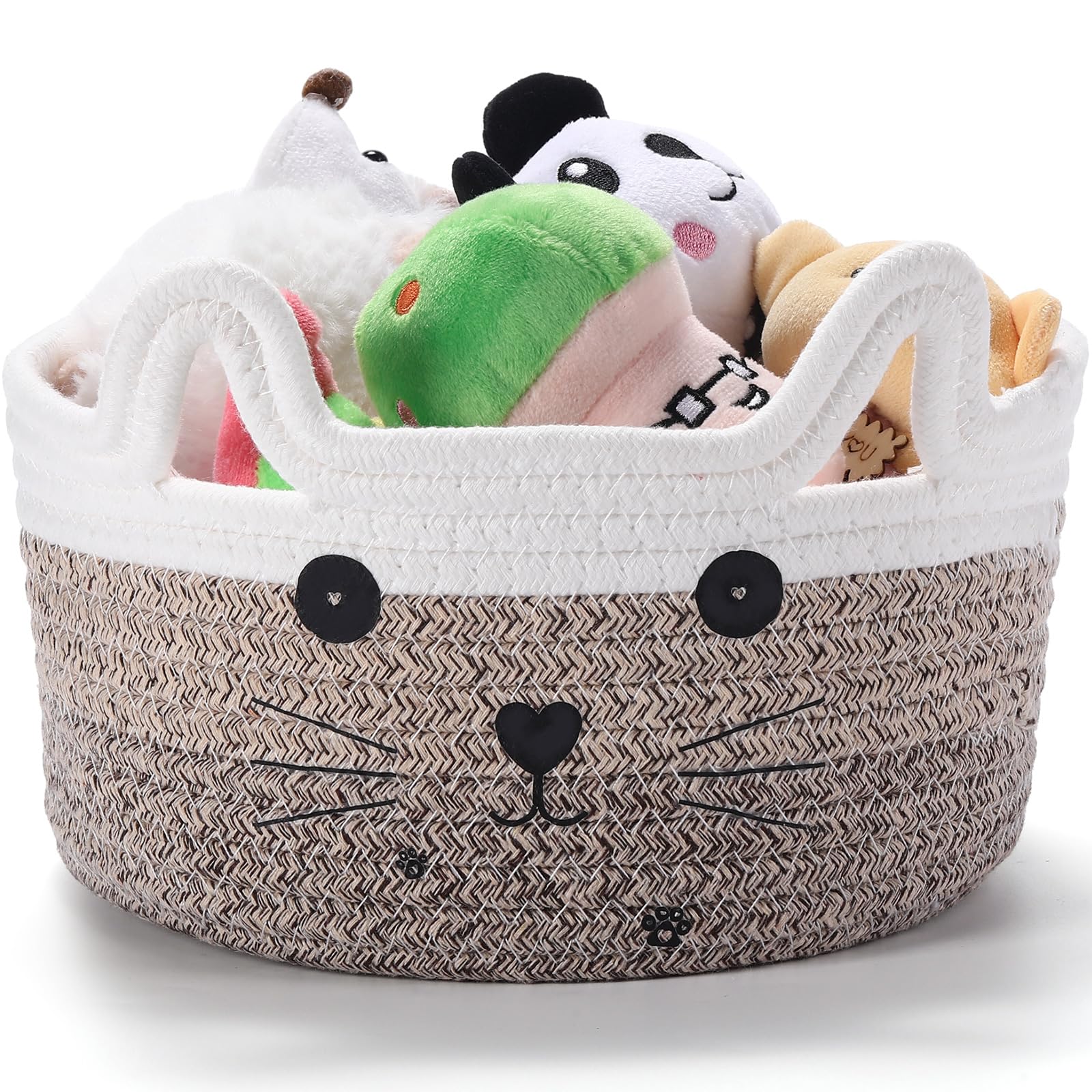 Zopeal Cat Basket Storage Woven Organizer with Ears Christmas Decorative Pet Toy Cute Cotton Rope Basket for Gift Cat Dog Toy Bi