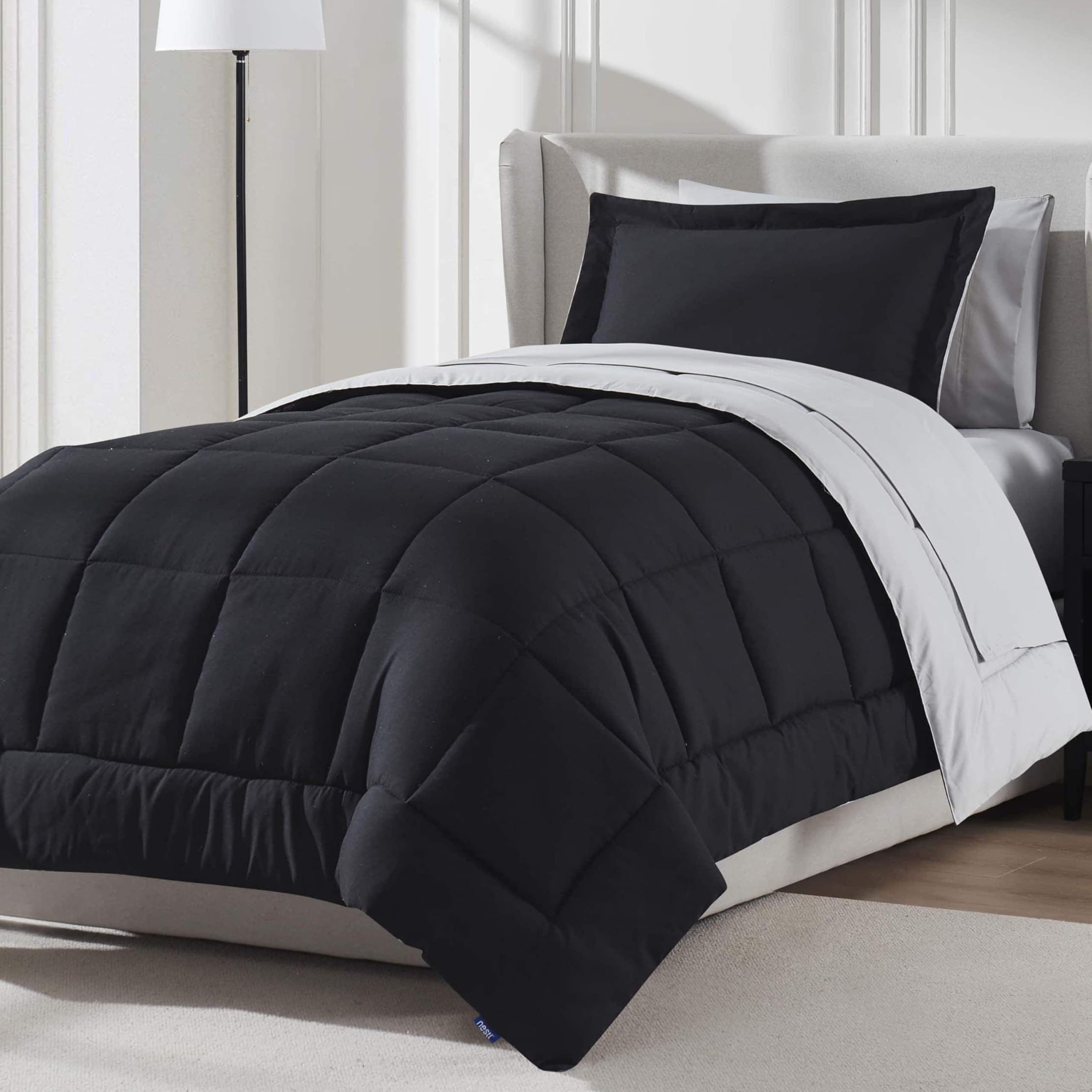 Nestl 5 Piece Twin Comforter Set - Black Reversible Bed in a Bag - Complete Twin Size Bedding Set with Sheets, Pillowcase and Sh