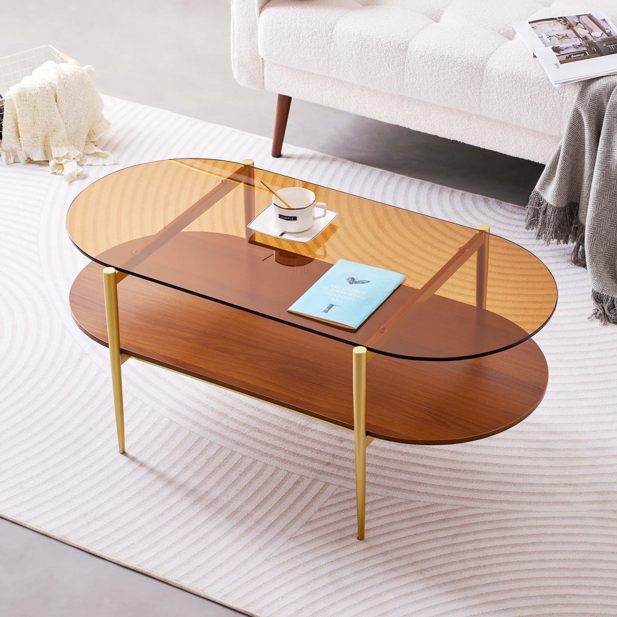 LumFurn Oval Glass Coffee Table, Mid-Century Modern Design, L41 x W21 x H17 inch, for Living Room, 2-Tier Structure, Amber Glass