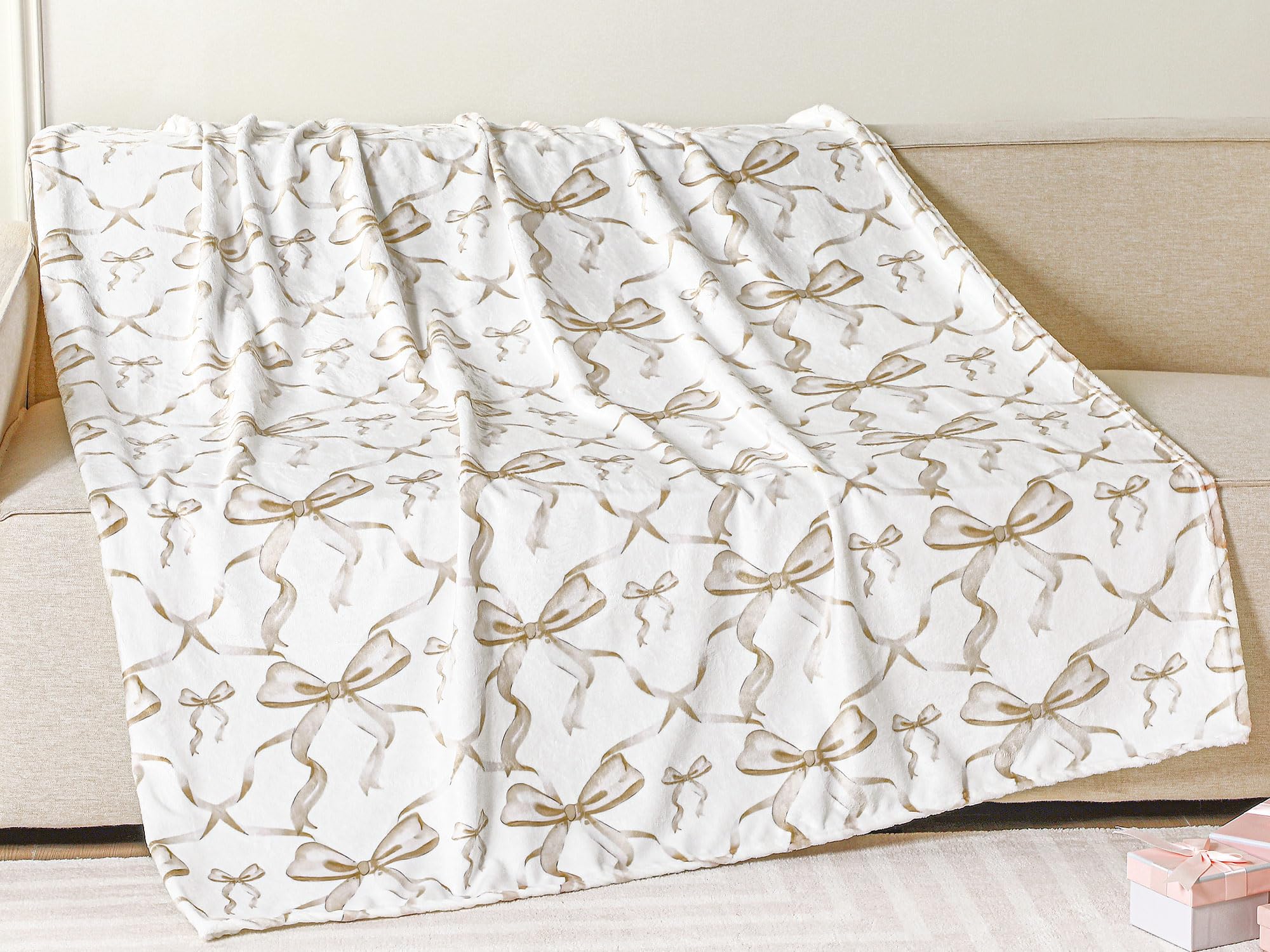 Buryeah Beige Bow Throw Blanket Preppy Blanket Coquette 50  x 60  Flannel Soft Cute Bow Decor Lightweight Aesthetic Plush Room D