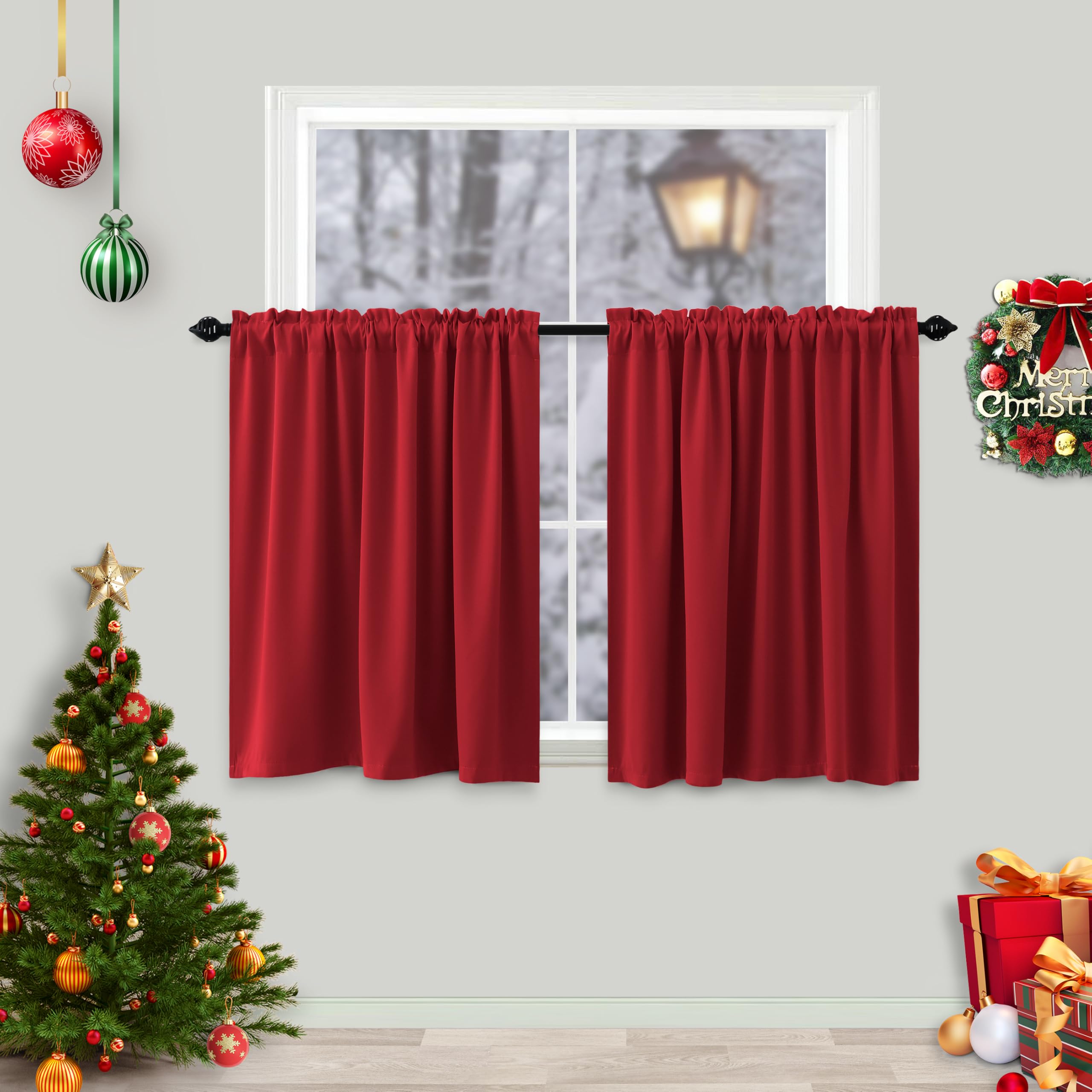 KOUFALL Christmas Red Short Curtains for Kitchen Window Over Sink,Cafe Blackout Small Curtains for Bathroom Window 36 Inch Lengt