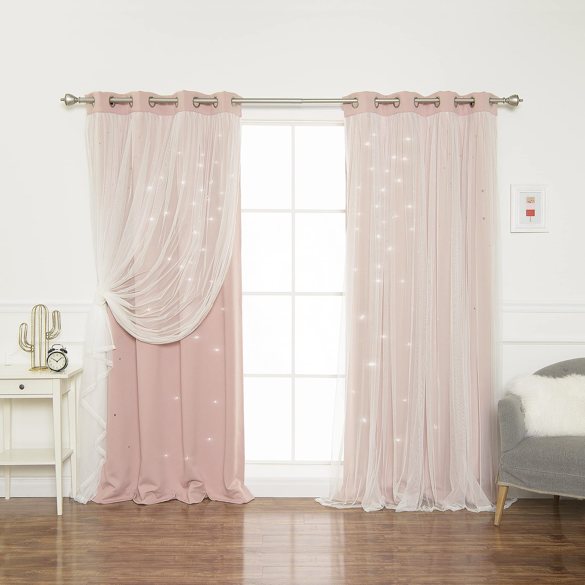 Best Home Fashion Set of 2 Tulle Overlay Star Cut Out Silver Grommet Curtains for Bedroom, Living Room, Kids Room, Sun Blocking 