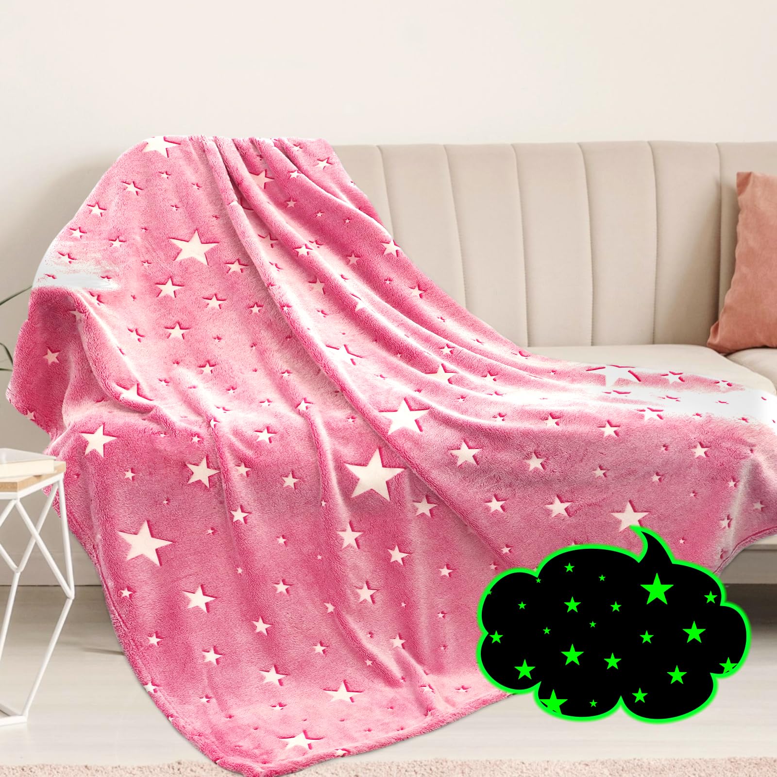 Preppy Blanket Glow in The Dark Blanket Girls Pink Star Blanket Fleece Blanket Birthday Gifts for Kids Soft Throw Blankets All S