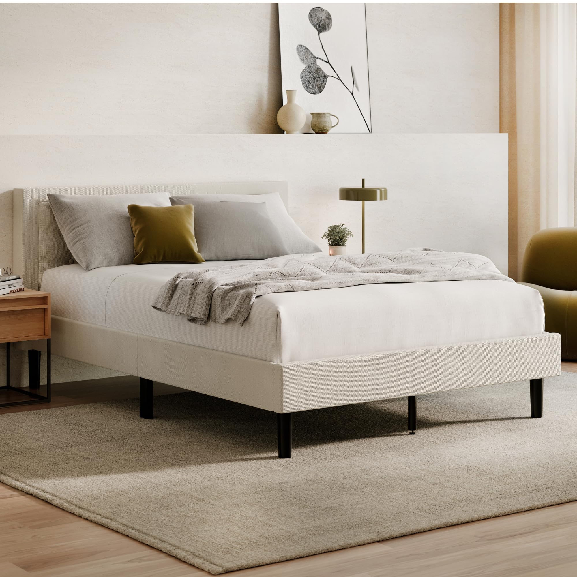 Nectar Bed Frame & Headboard - Linen - Full - 8 Inch Legs and Sturdy Wooden Slats for Support - Contemporary and Durable Upholst