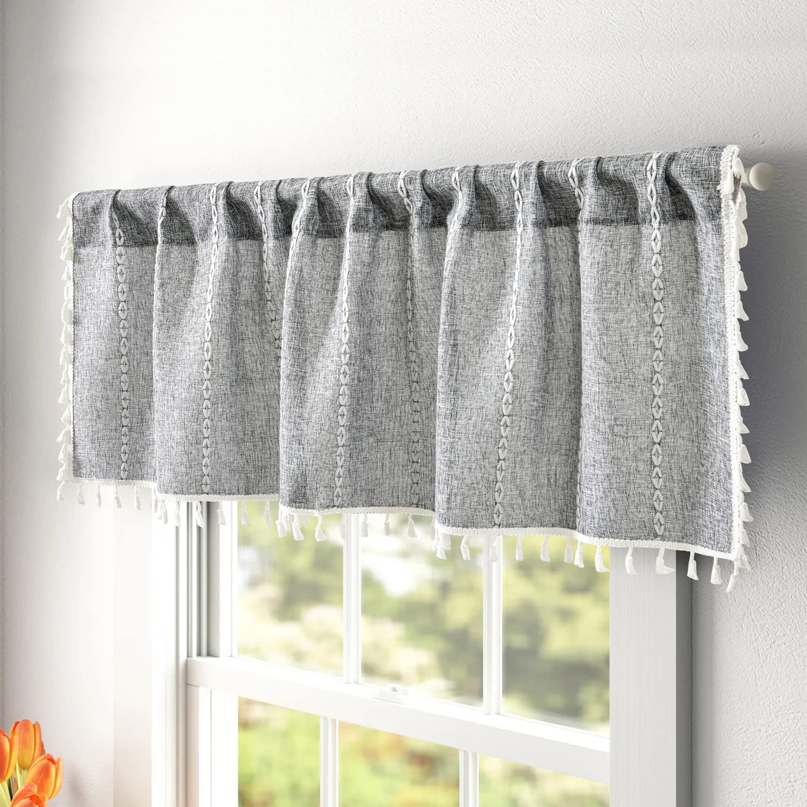 RoomTalks Rustic Farmhouse Kitchen Valances for Windows in Dark Gray, 18L x 52W Boho Striped Vintage Charcoal French Country Cot