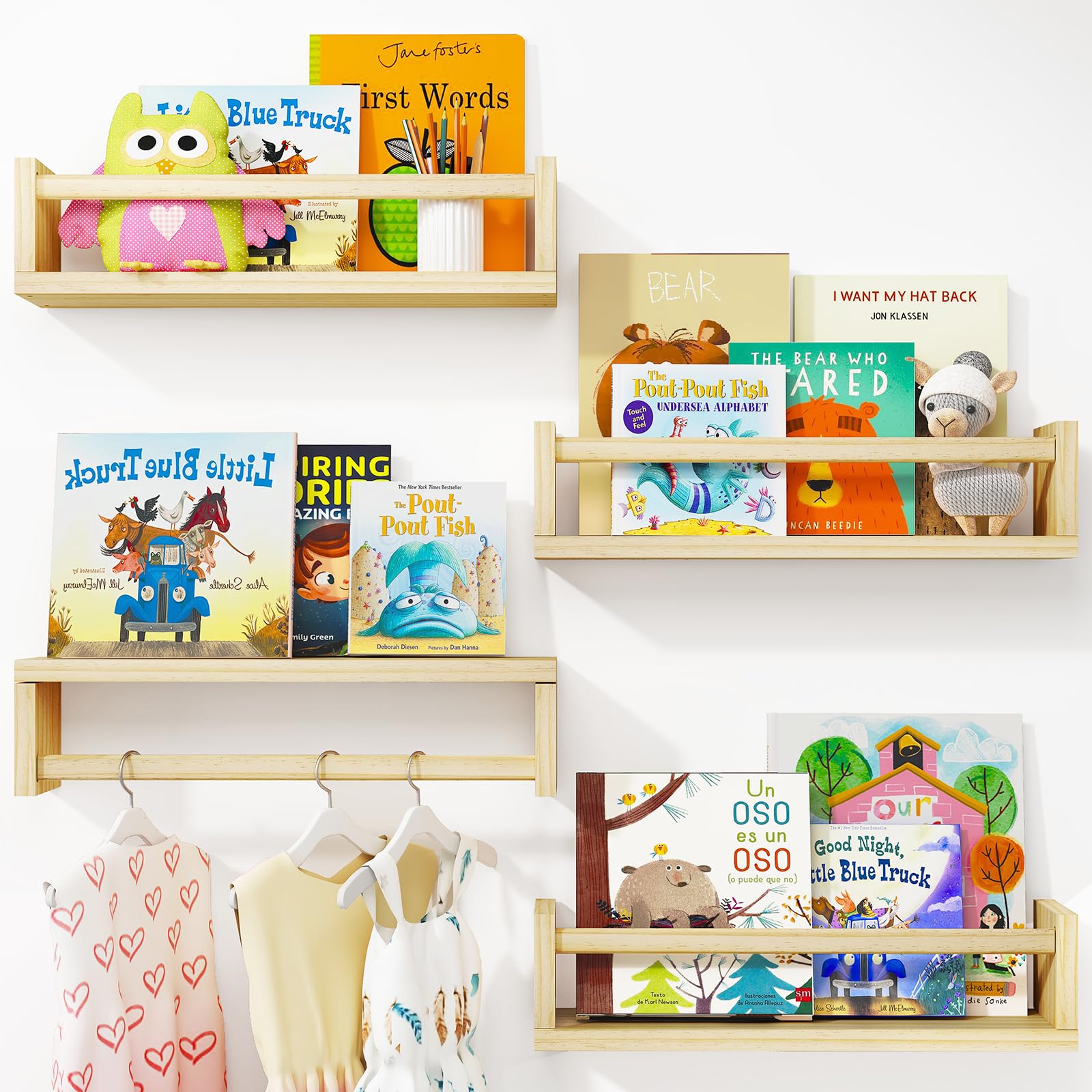 Fixwal Nursery Book Shelves, 16.5 Inch Floating Nursery Bookshelves, Set of 4, Wall Bookshelf for Kids Solid Wood Wall Mounted S