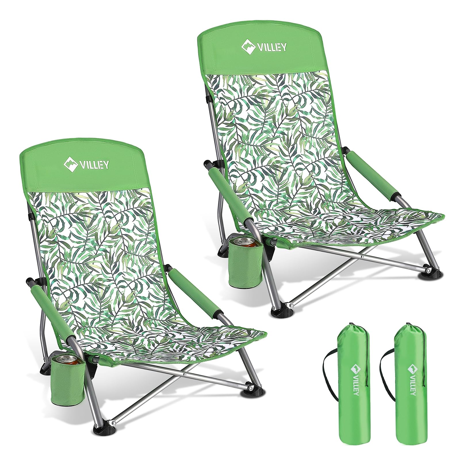 VILLEY Low Beach Chairs for Adults 2 Pack, High Back Folding Chairs, Lightweight and Portable for Outdoor, Camping, Lawn, with C