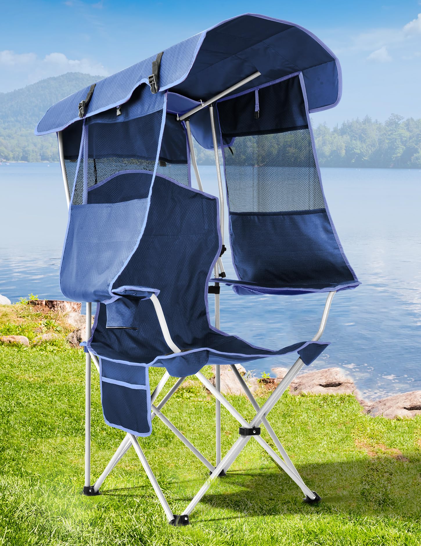 Docusvect Beach Chair with Canopy Shade, Folding Camping Chair with Canopy with Cup Holder, Side Pocket for Camp, Beach, Tailgat