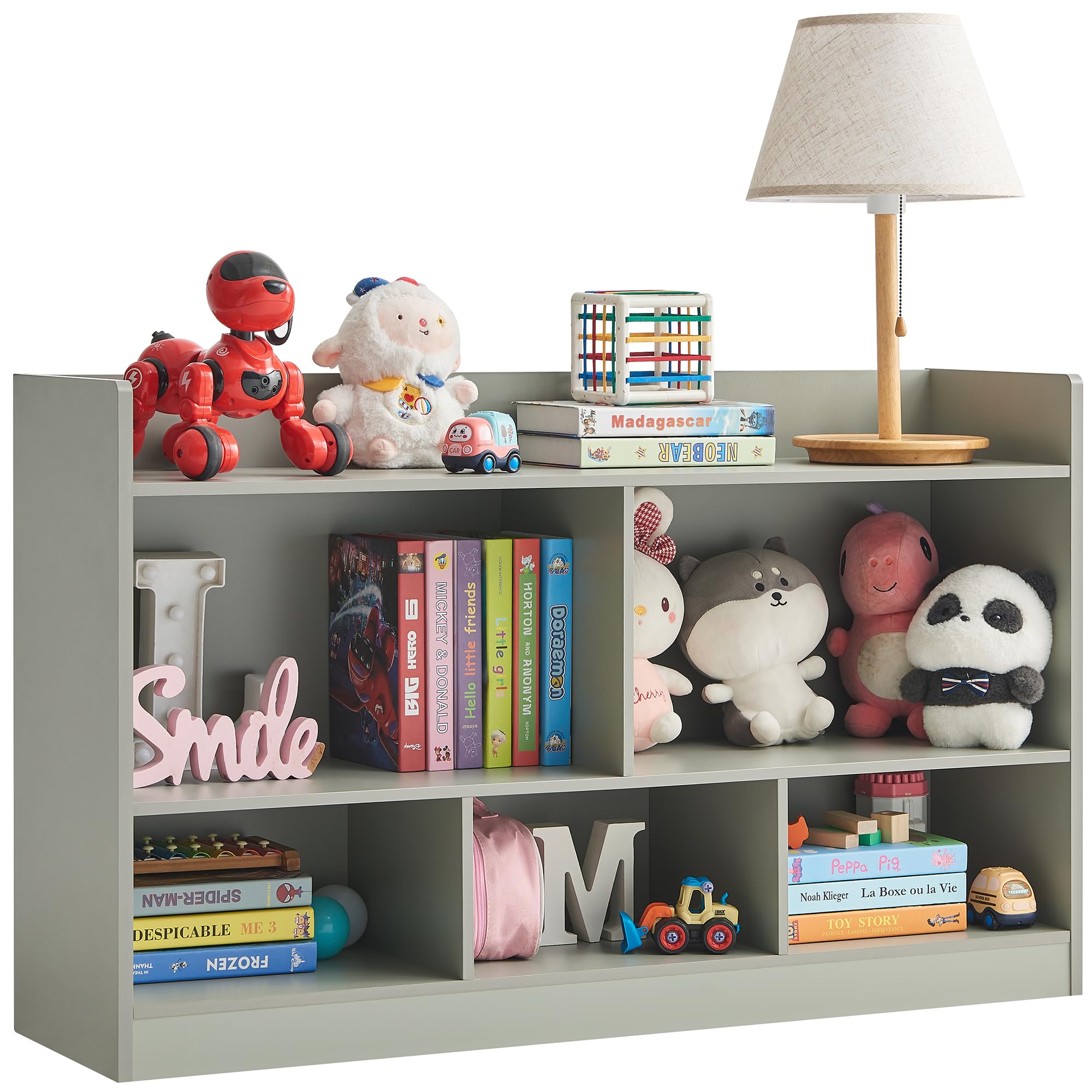 Kids Toy Storage Organizer, 5-Section Bookshelf for Organizing Books Toys, Wooden Storage Cabinet Daycare Furniture for School, 