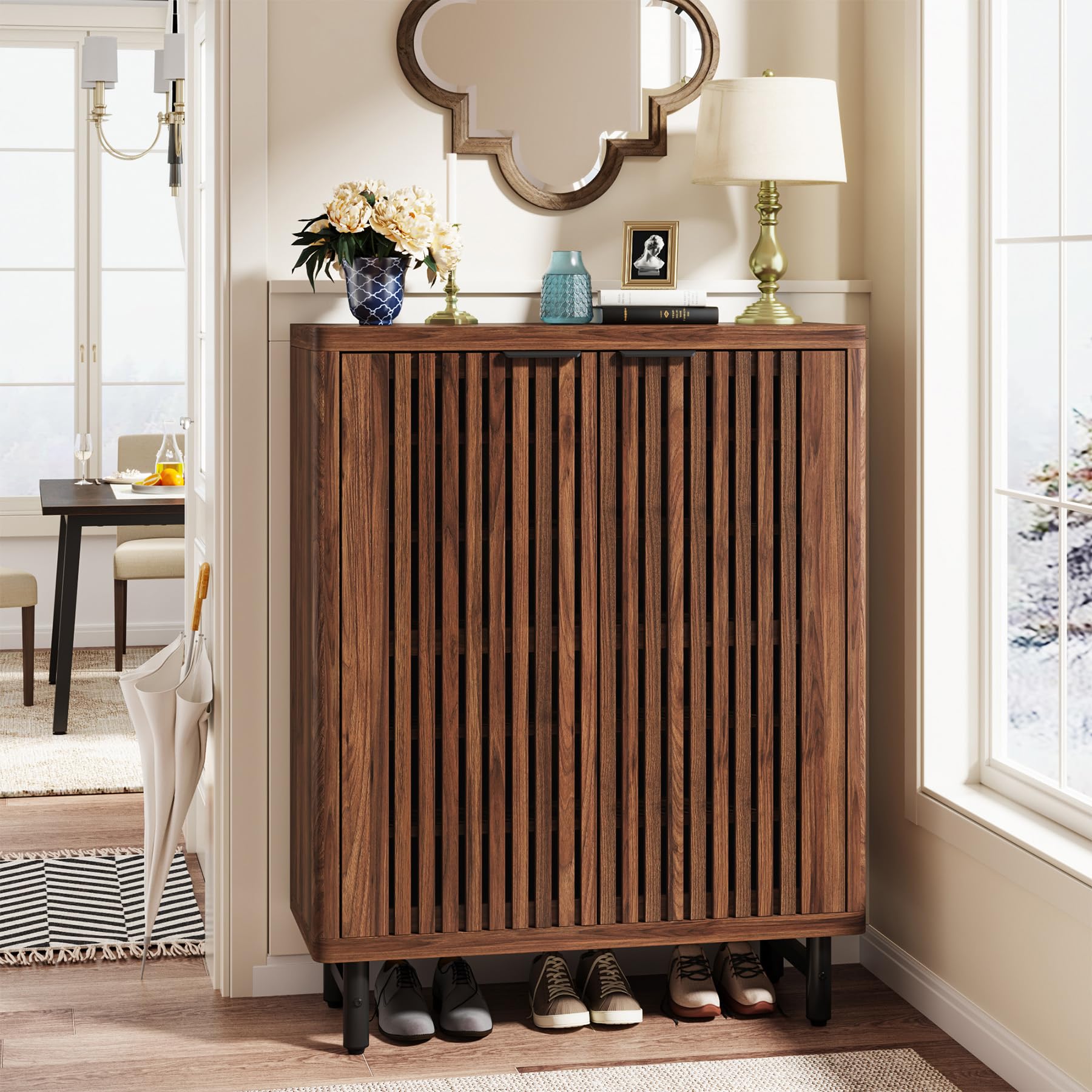 Tribesigns 6-Tier Shoe Cabinet with Louvered Doors, Large Wooden Shoe Storage Cabinet with Adjustable Shelves, Modern Freestandi