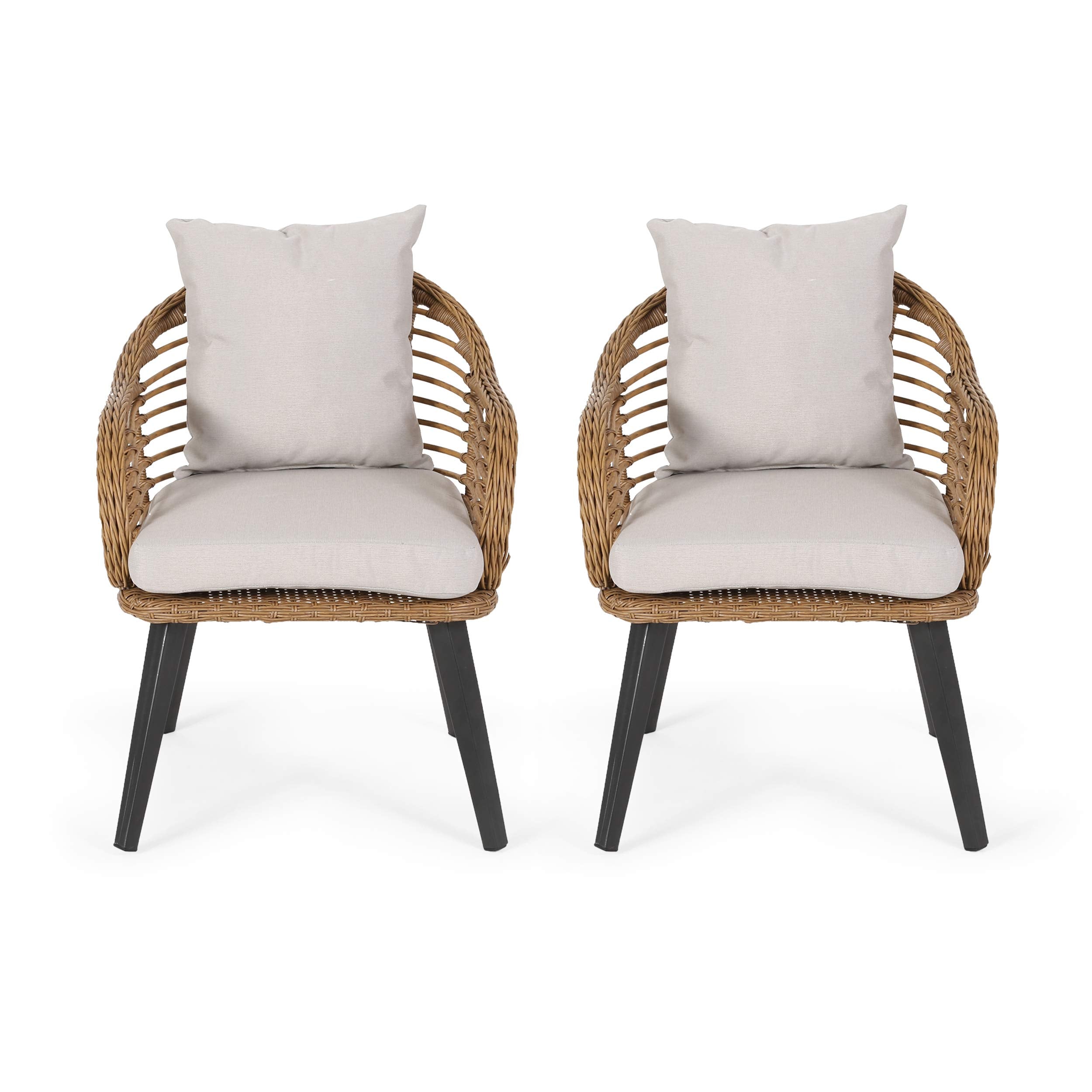 Great Deal Furniture Becky Indoor Wicker Club Chairs with Cushions (Set of 2), Light Brown and Beige