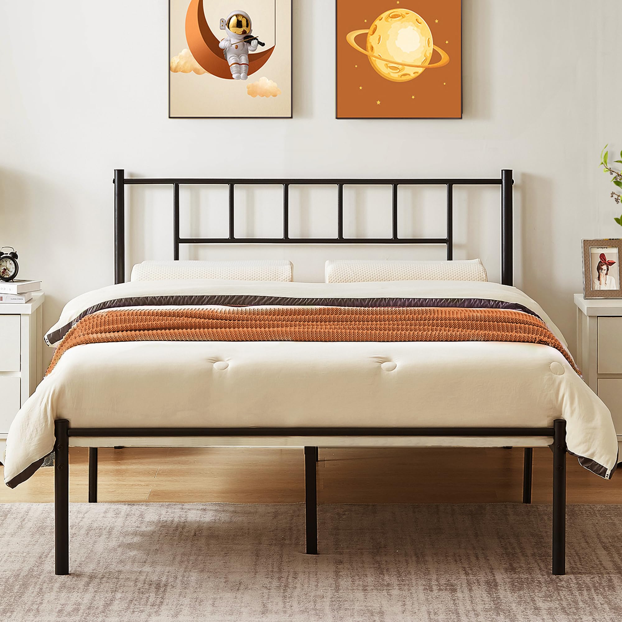 VECELO Queen Metal Platform Bed Frame with Headboard, Heavy Duty Steel Slat Support, Under Bed Storage,No Box Spring Needed, Eas