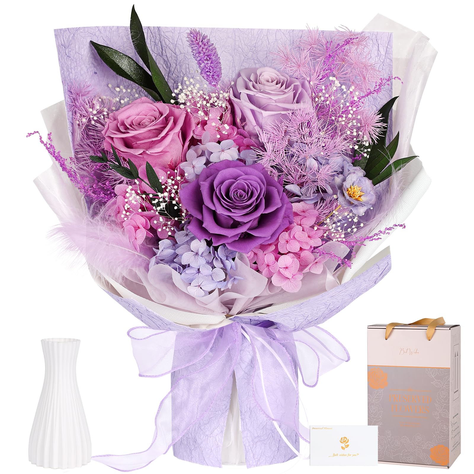 Preserved Bouquet of Flowers - 3 Roses & Flowers for Delivery, Long-Lasting Real Lavender Forever Flowers, Eternal Roses Bouquet