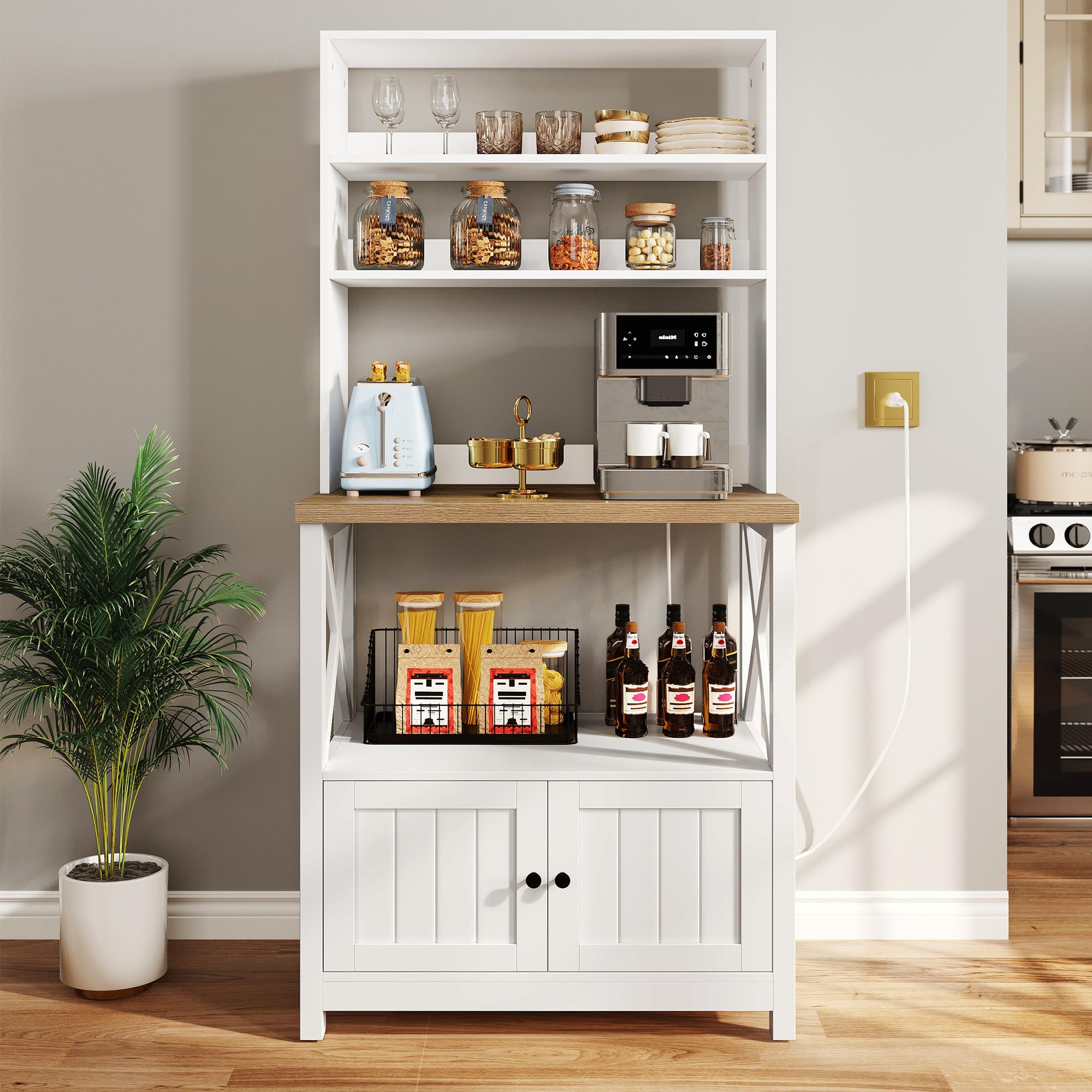 YITAHOME White Microwave Stand Bakers Rack Cabinet, Farmhouse Freestanding Small Kitchen Pantry Hutch Tall w Door Power Outlet T