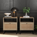 Nathan James Rattan Nightstand Wood End Side Accent Table with Storage for Living Room or Bedroom, Set of 2, Oak/Black - Set of 