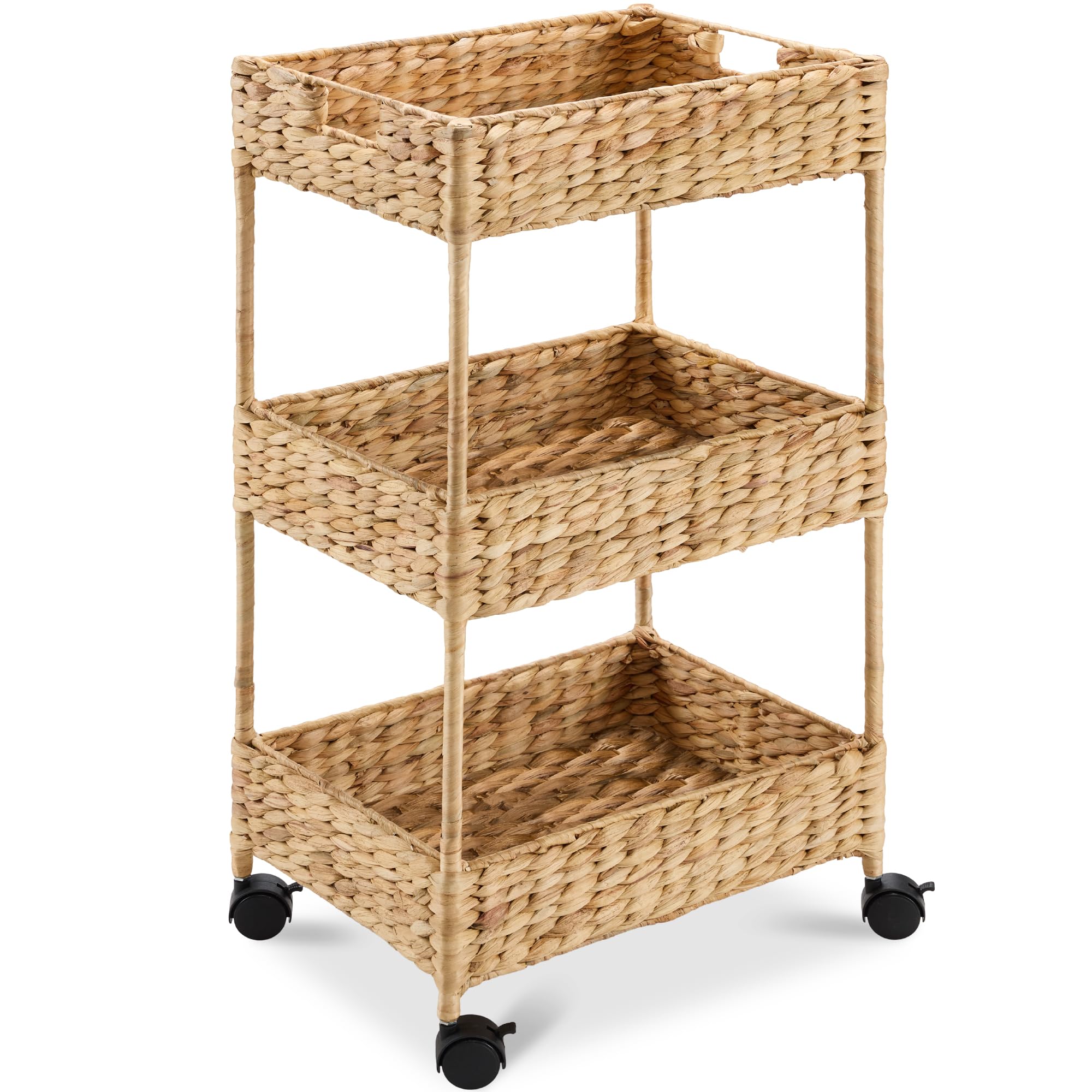 Best Choice Products 3-Tier Water Hyacinth Rolling Nursery Caddy w/Wheels, Utility Cart, Storage Organization for Bathroom, Craf